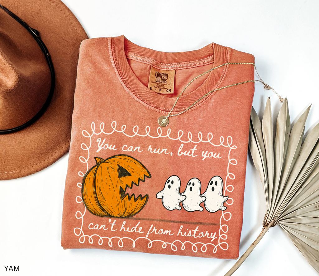 Halloween history teacher shirt with a pumpkin chasing ghosts and the phrase ‘You can run, but you can’t hide from history.’ Funny spooky season teacher tee.