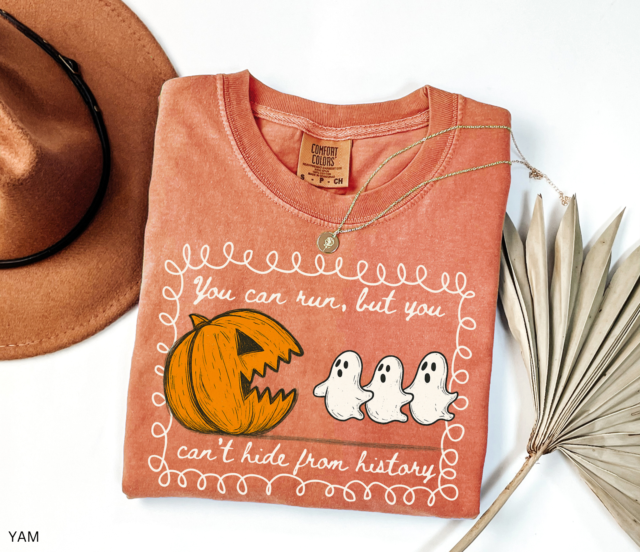 Halloween history teacher shirt with a pumpkin chasing ghosts and the phrase ‘You can run, but you can’t hide from history.’ Funny spooky season teacher tee.