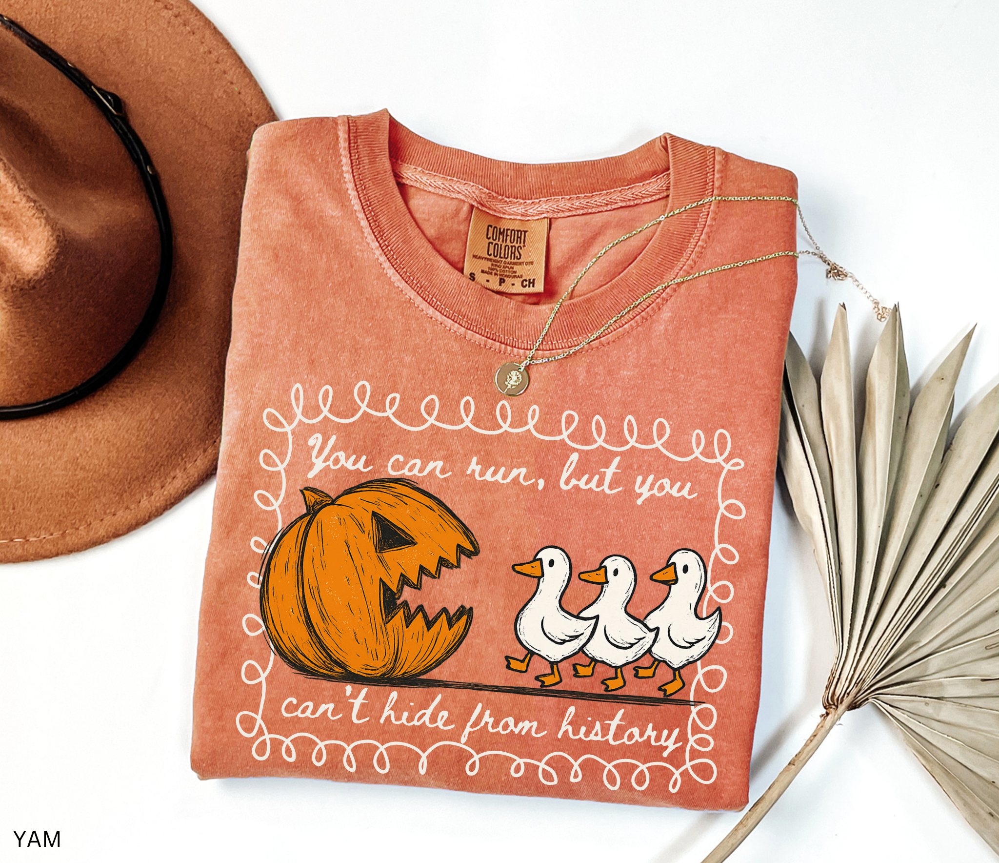 Halloween history teacher shirt with a pumpkin chasing geese and the phrase ‘You can run, but you can’t hide from history.’ Funny spooky season teacher tee