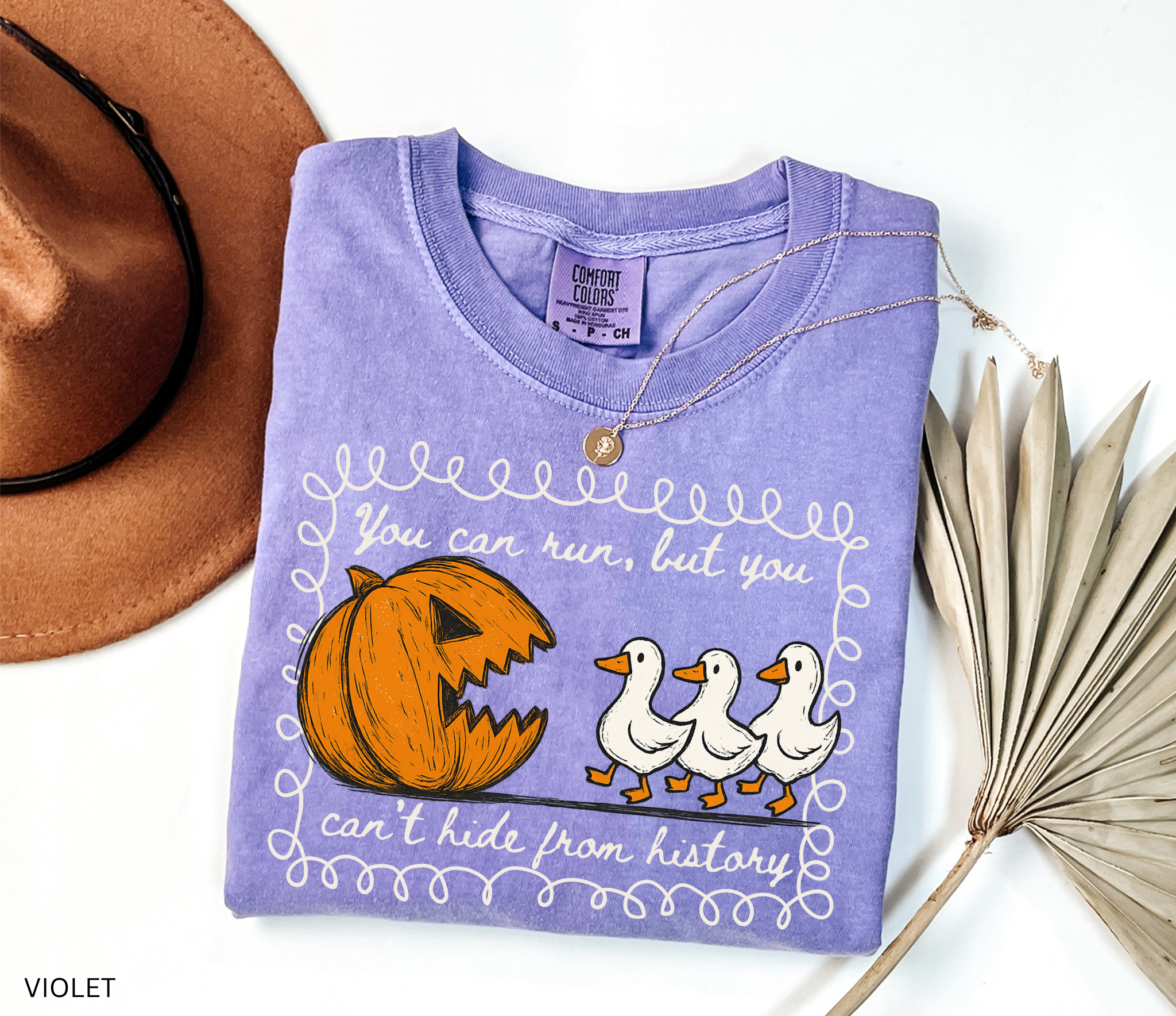 Halloween history teacher shirt with a pumpkin chasing geese and the phrase ‘You can run, but you can’t hide from history.’ Funny spooky season teacher tee