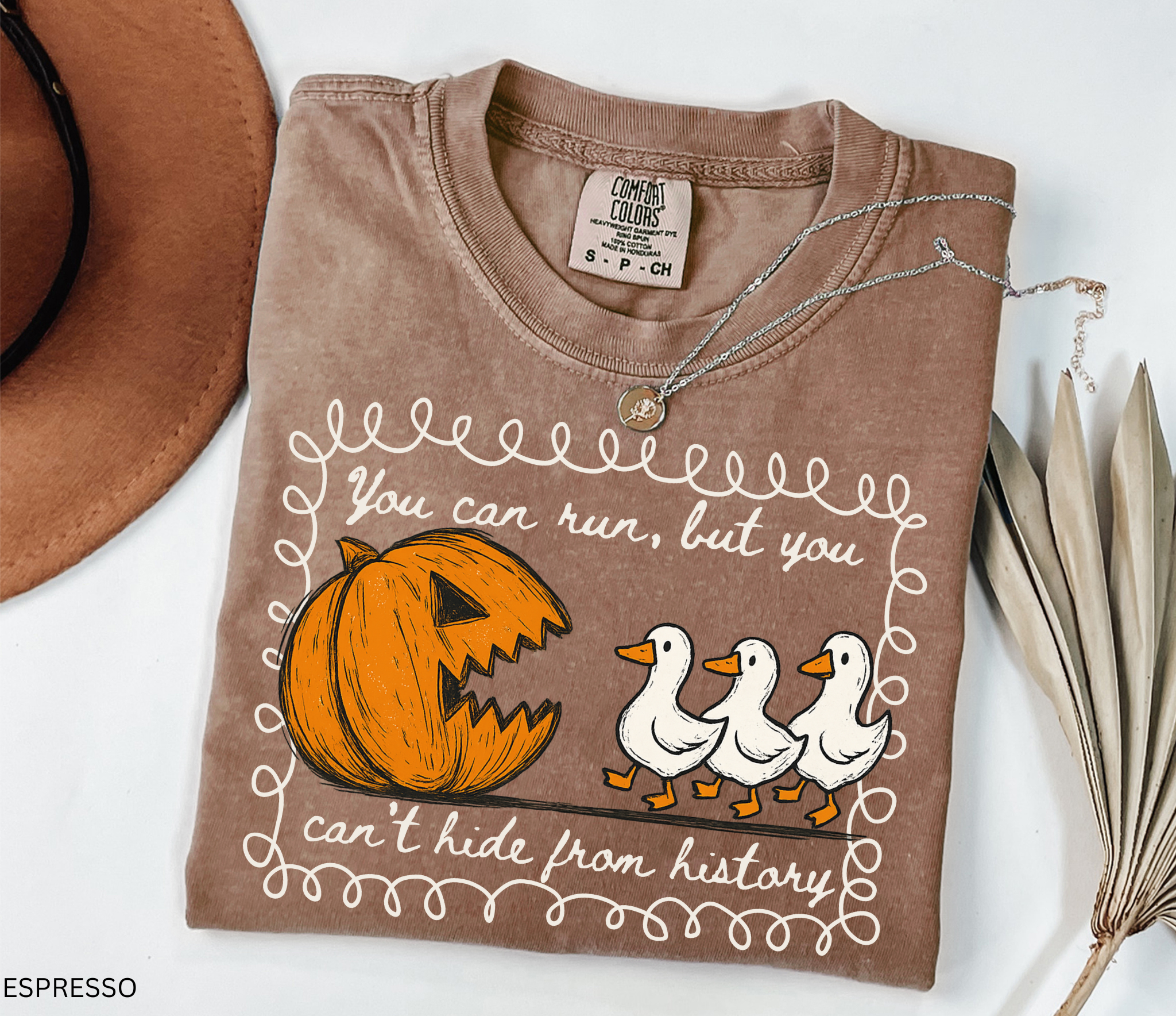 Halloween history teacher shirt with a pumpkin chasing geese and the phrase ‘You can run, but you can’t hide from history.’ Funny spooky season teacher tee