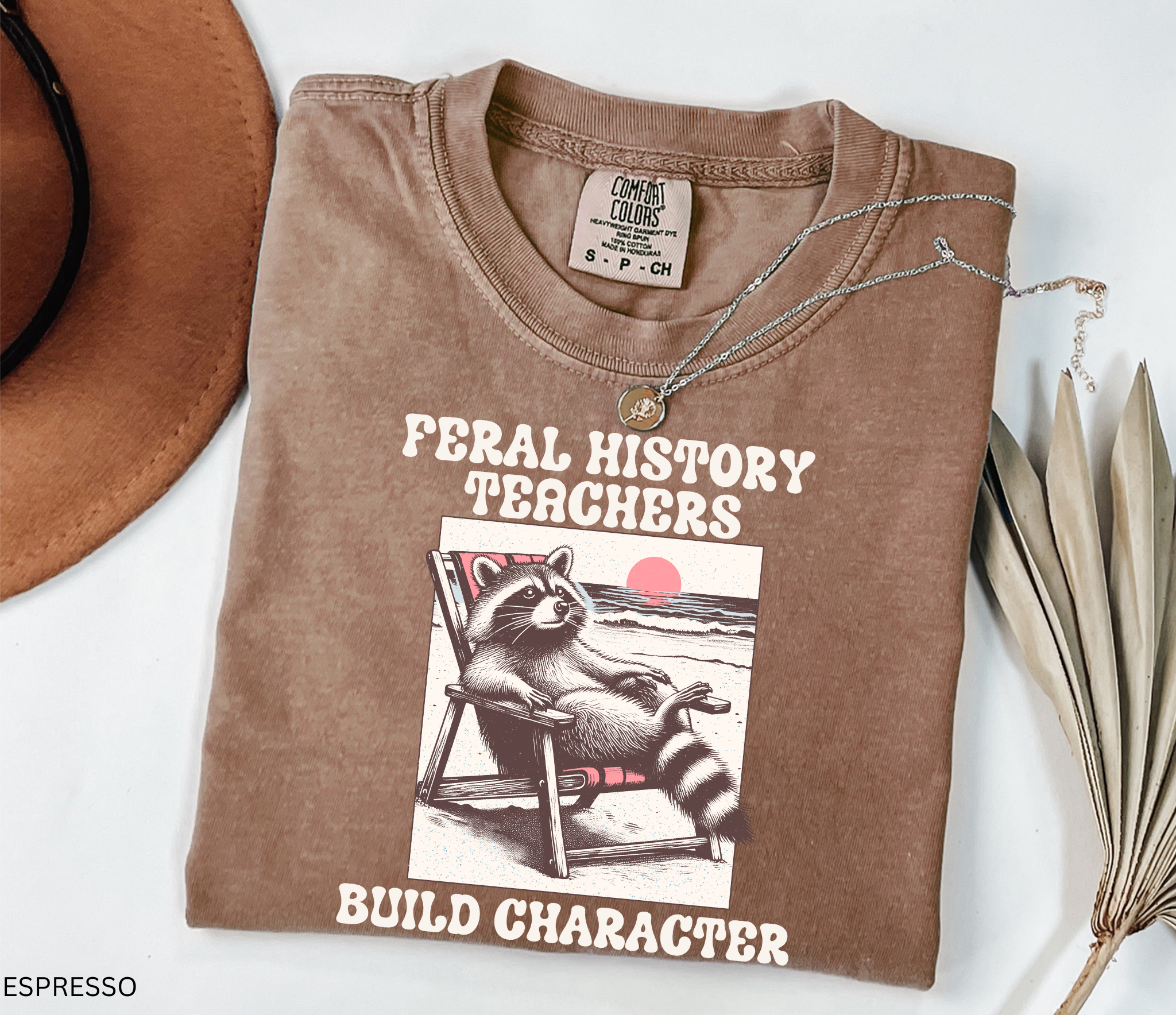 Funny history teacher shirt with a raccoon lounging in a beach chair and the phrase ‘Feral History – Teachers Build Character.’ Humorous social studies teacher tee
