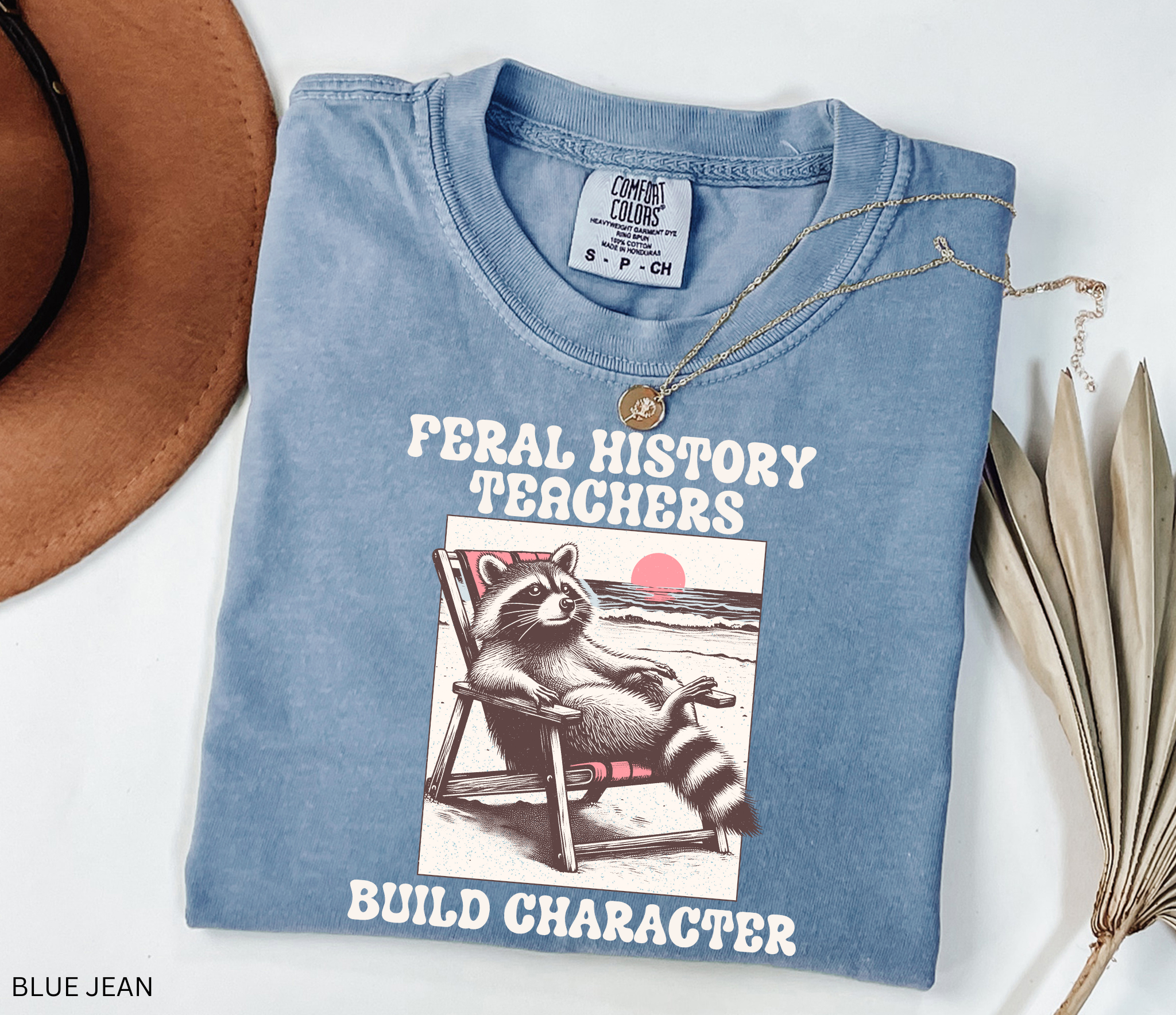Funny history teacher shirt with a raccoon lounging in a beach chair and the phrase ‘Feral History – Teachers Build Character.’ Humorous social studies teacher tee