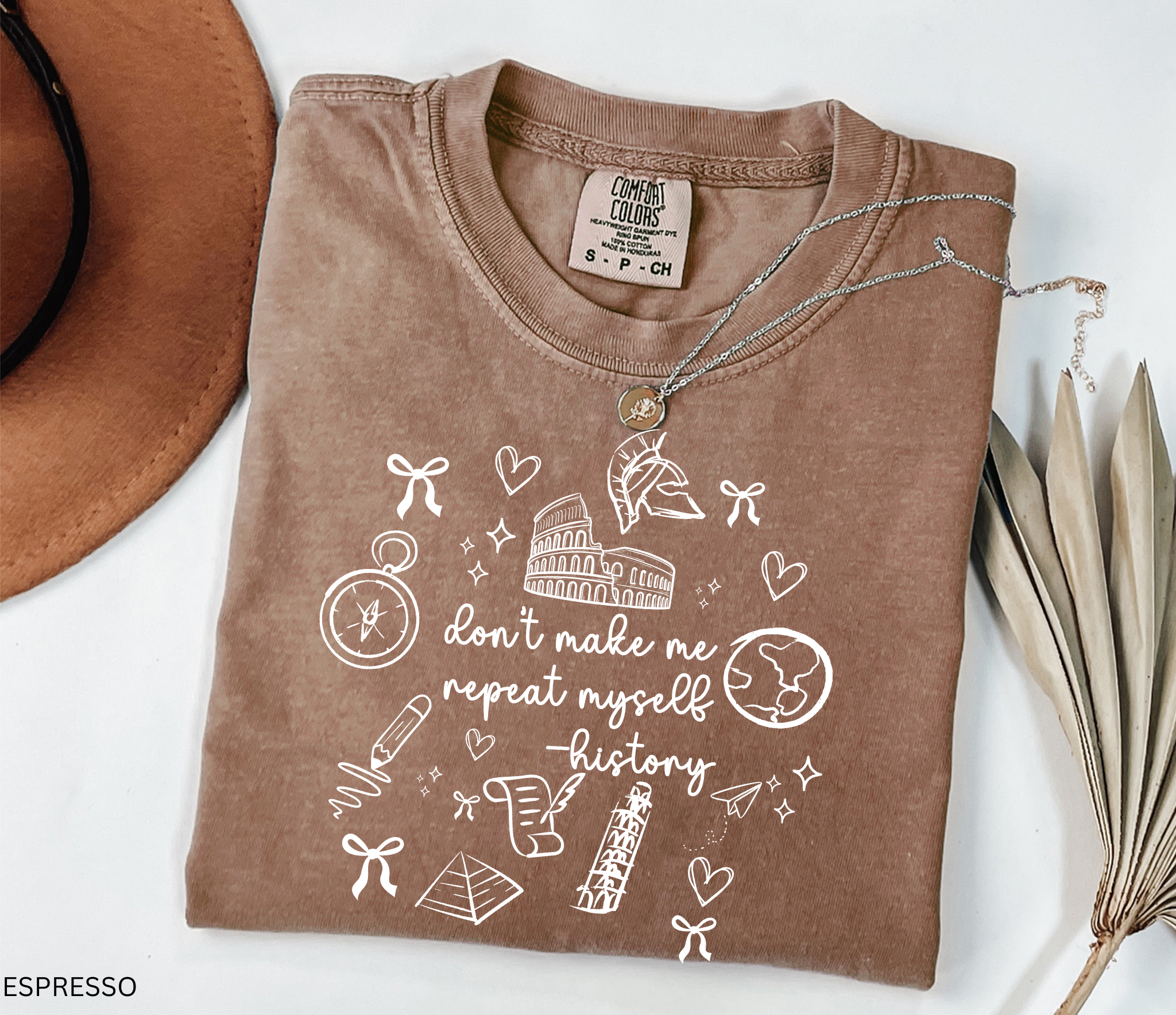 White graphic design of “Don’t Make Me Repeat Myself – History” with doodles of the Colosseum, compass, globe, pyramid, and paper scroll.