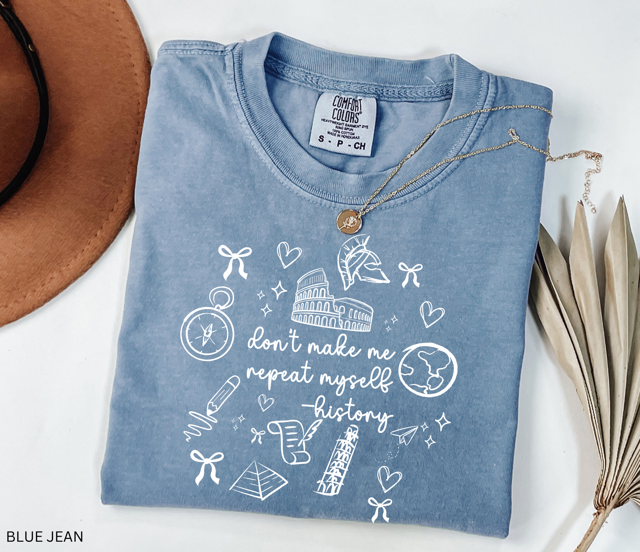 White graphic design of “Don’t Make Me Repeat Myself – History” with doodles of the Colosseum, compass, globe, pyramid, and paper scroll.