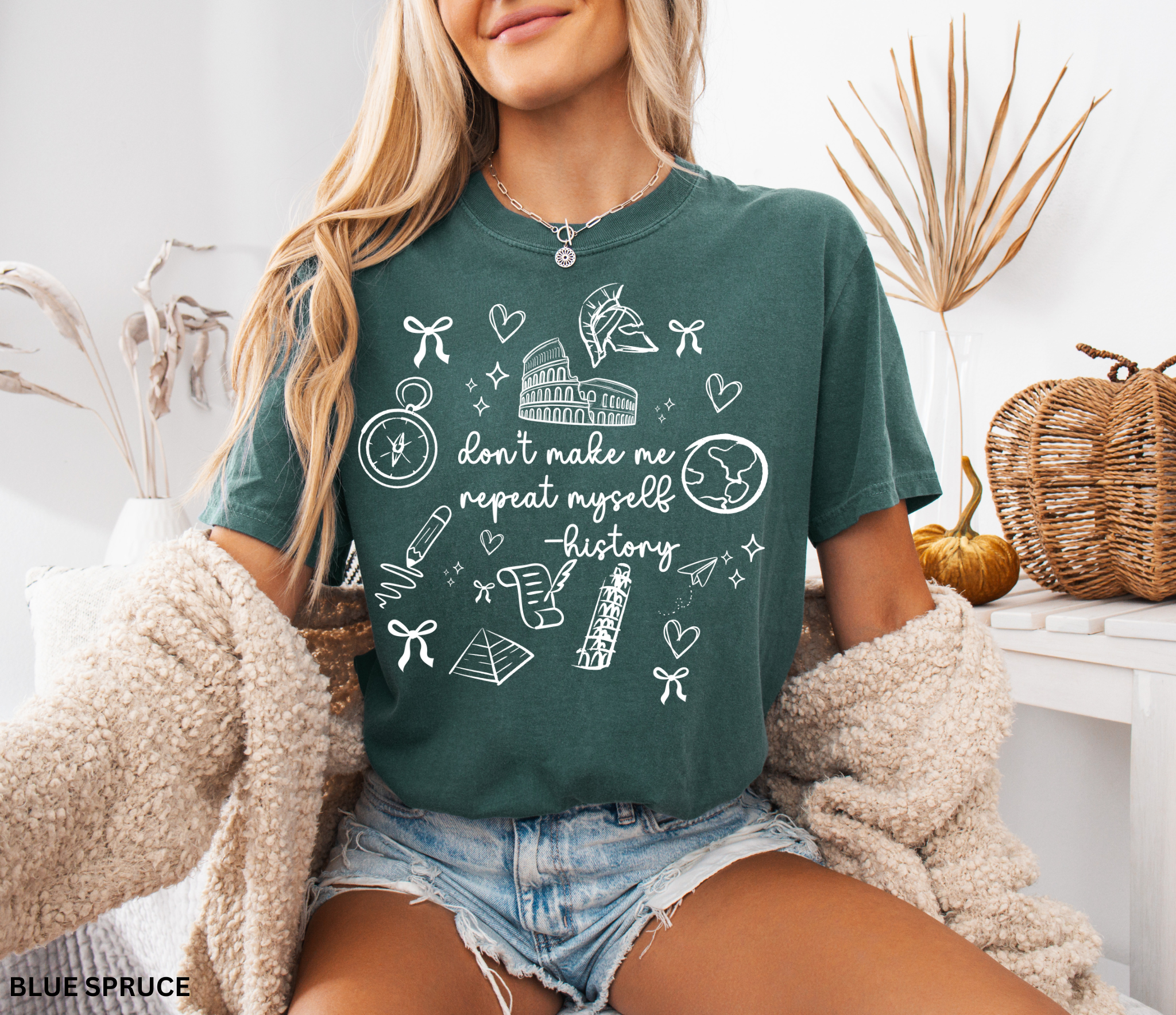 White graphic design of “Don’t Make Me Repeat Myself – History” with doodles of the Colosseum, compass, globe, pyramid, and paper scroll.
