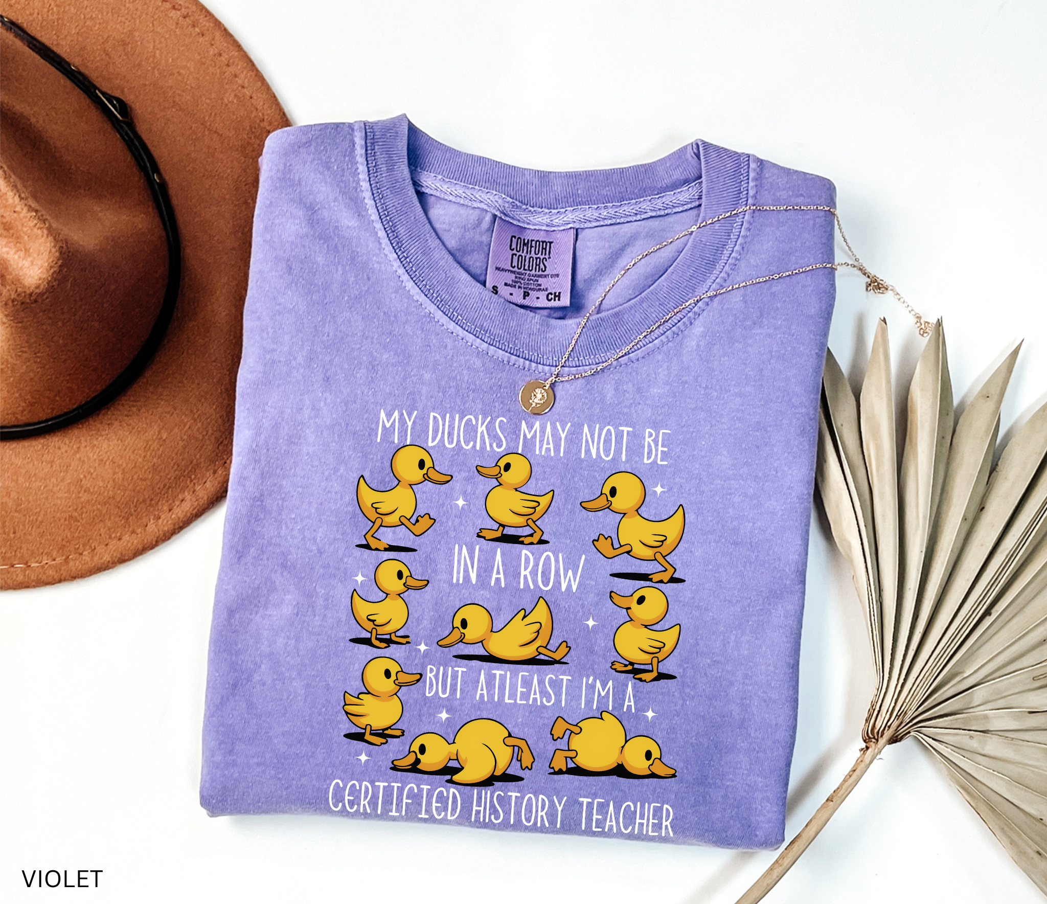 Cartoon-style ducks in different poses on a humorous history teacher graphic t-shirt, designed as a fun gift for educators and history lovers.