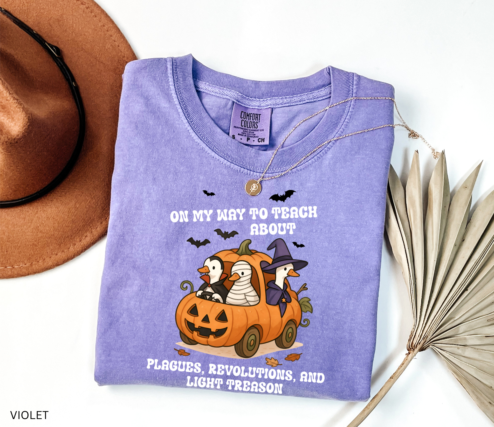 Halloween shirt design with geese dressed as Dracula, a mummy, and a witch riding in a carved pumpkin car, with bats and autumn leaves around. A playful and spooky history teacher graphic.