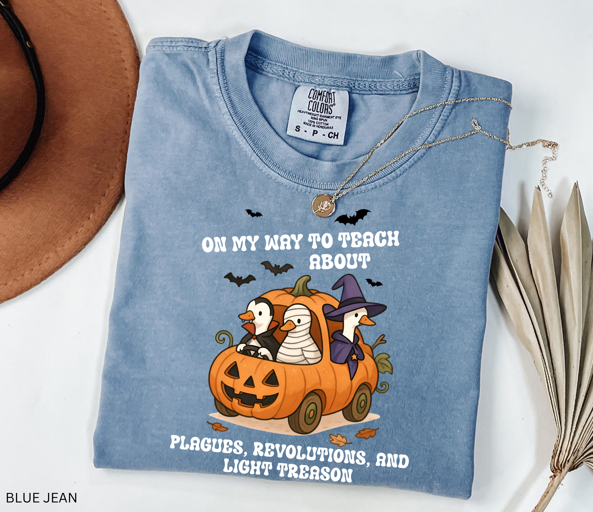 Halloween shirt design with geese dressed as Dracula, a mummy, and a witch riding in a carved pumpkin car, with bats and autumn leaves around. A playful and spooky history teacher graphic.