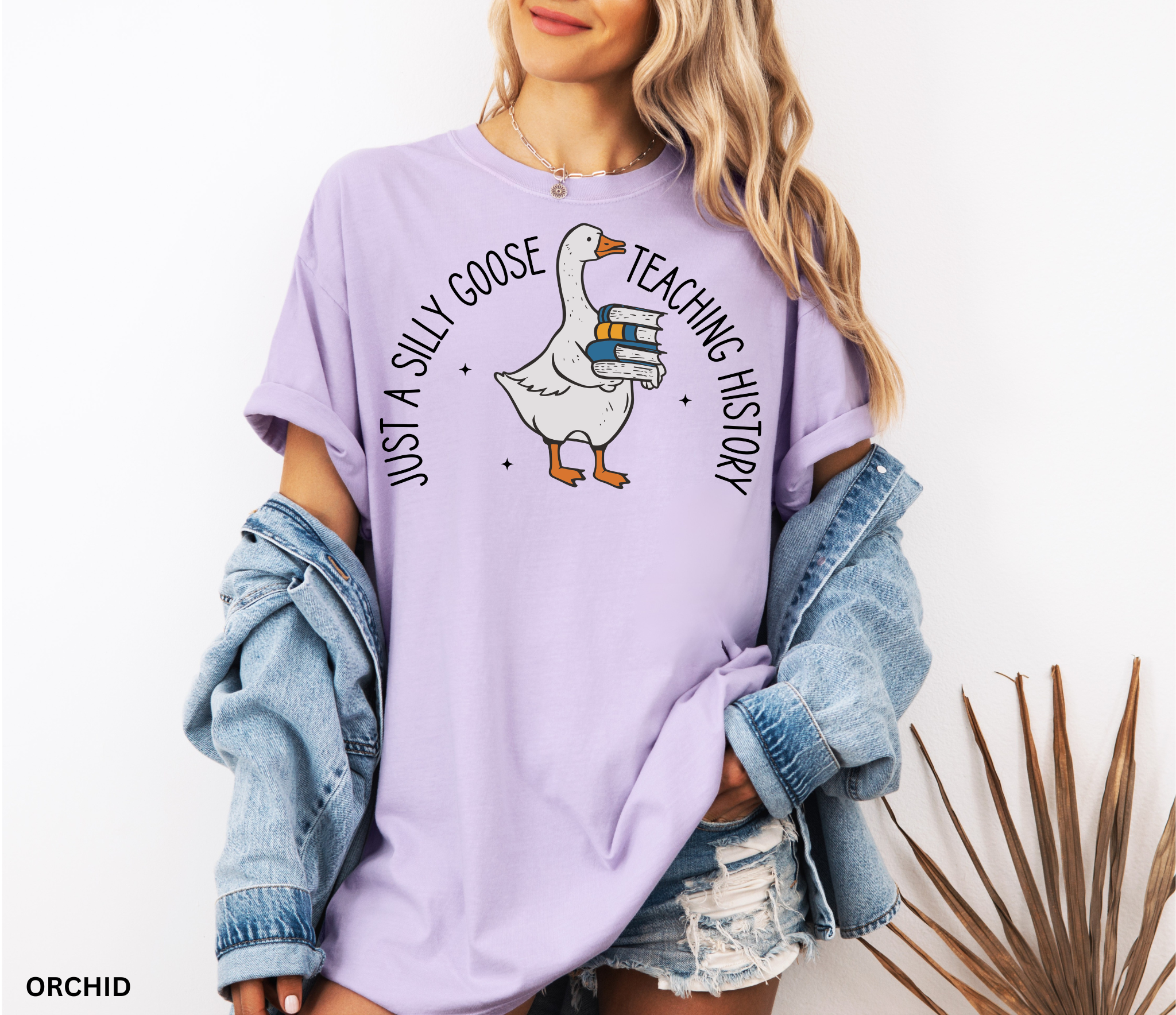 Funny teacher shirt design with a goose holding a stack of books, surrounded by stars, with the text “Just a Silly Goose Teaching History.” Perfect for history and social studies teachers.