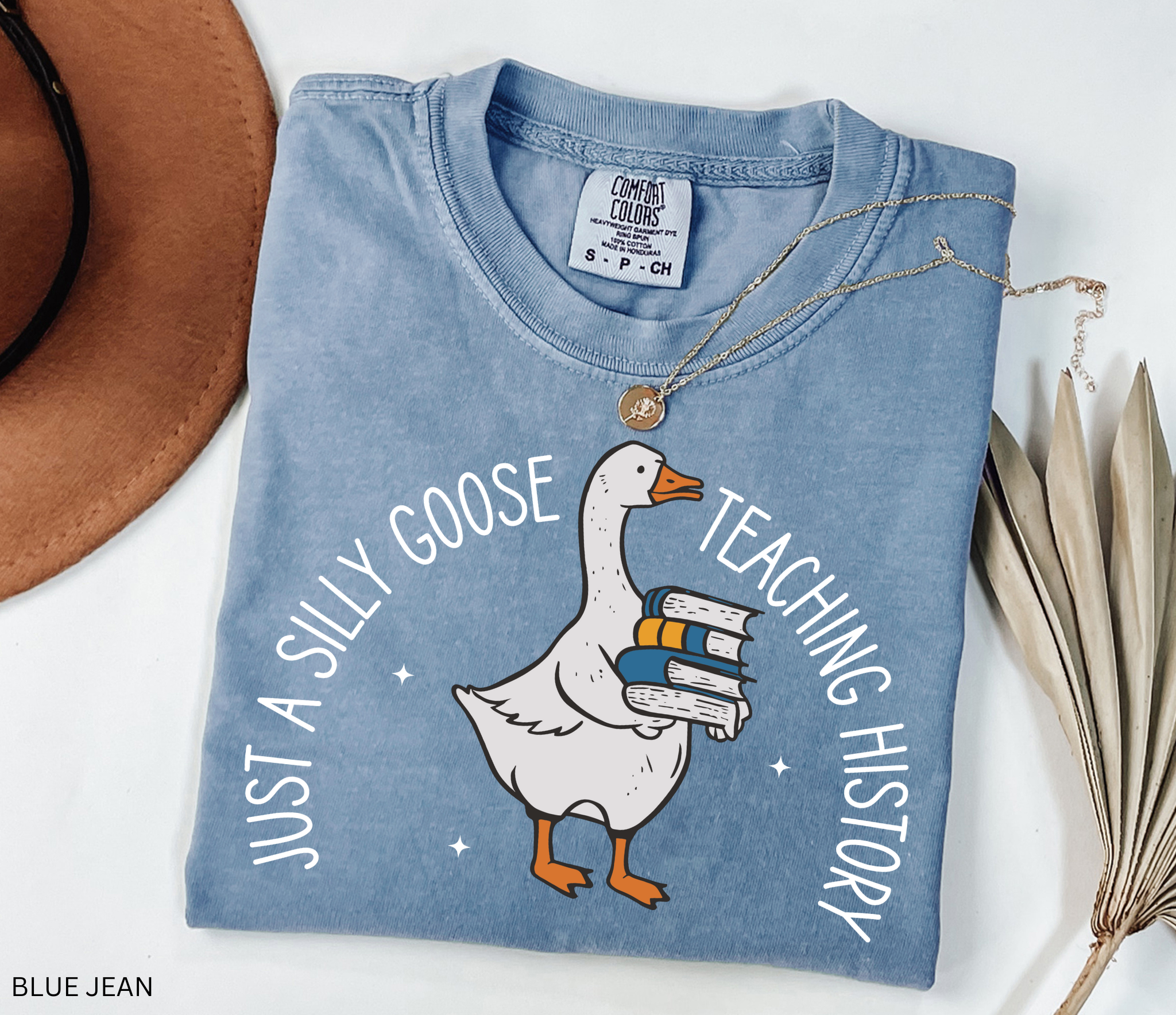 Funny teacher shirt design with a goose holding a stack of books, surrounded by stars, with the text “Just a Silly Goose Teaching History.” Perfect for history and social studies teachers.
