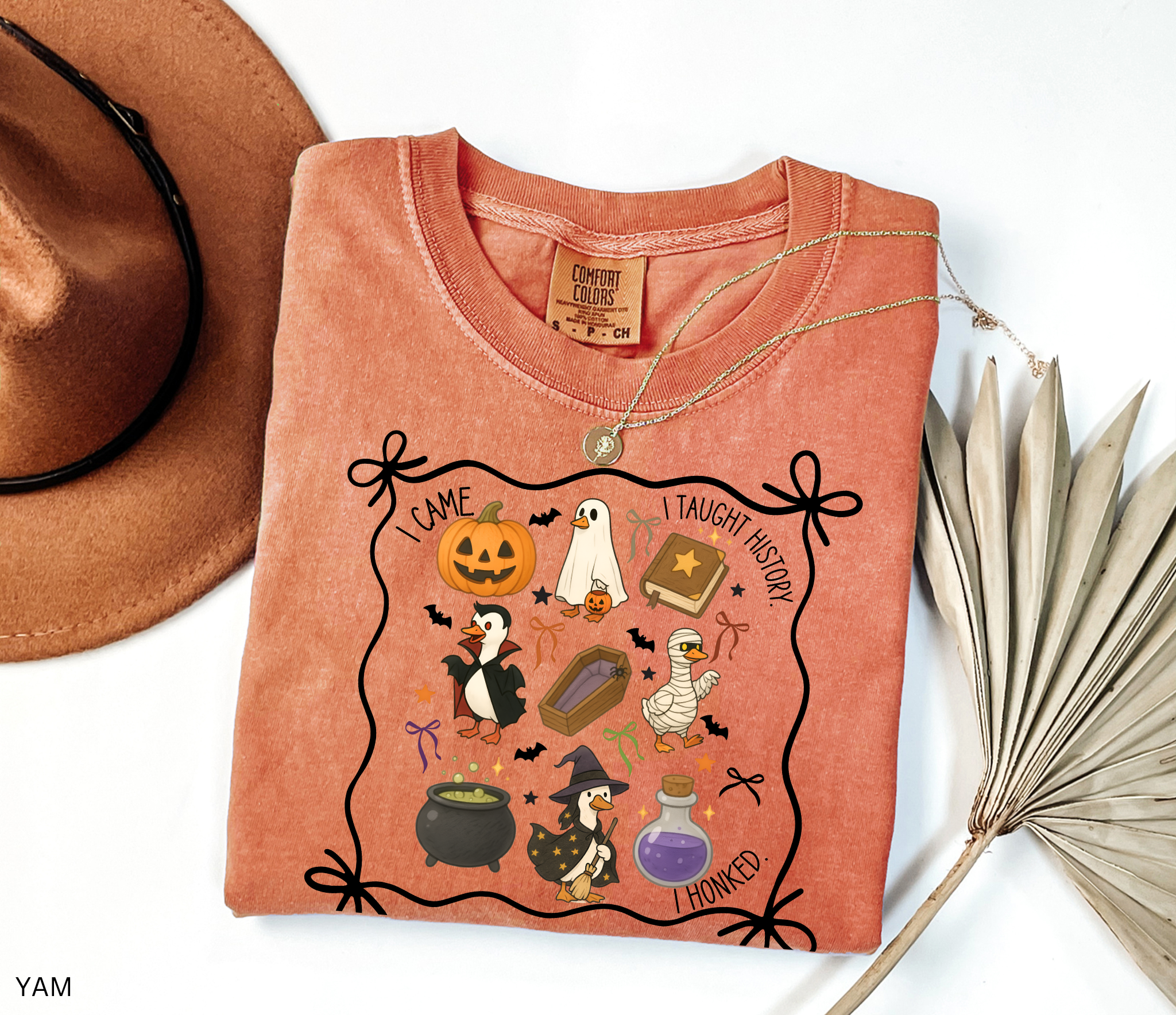 Halloween teacher shirt design featuring geese dressed as a witch, mummy, vampire, and ghost, surrounded by pumpkins, cauldron, coffin, and potion bottle. Perfect for history and social studies teachers.