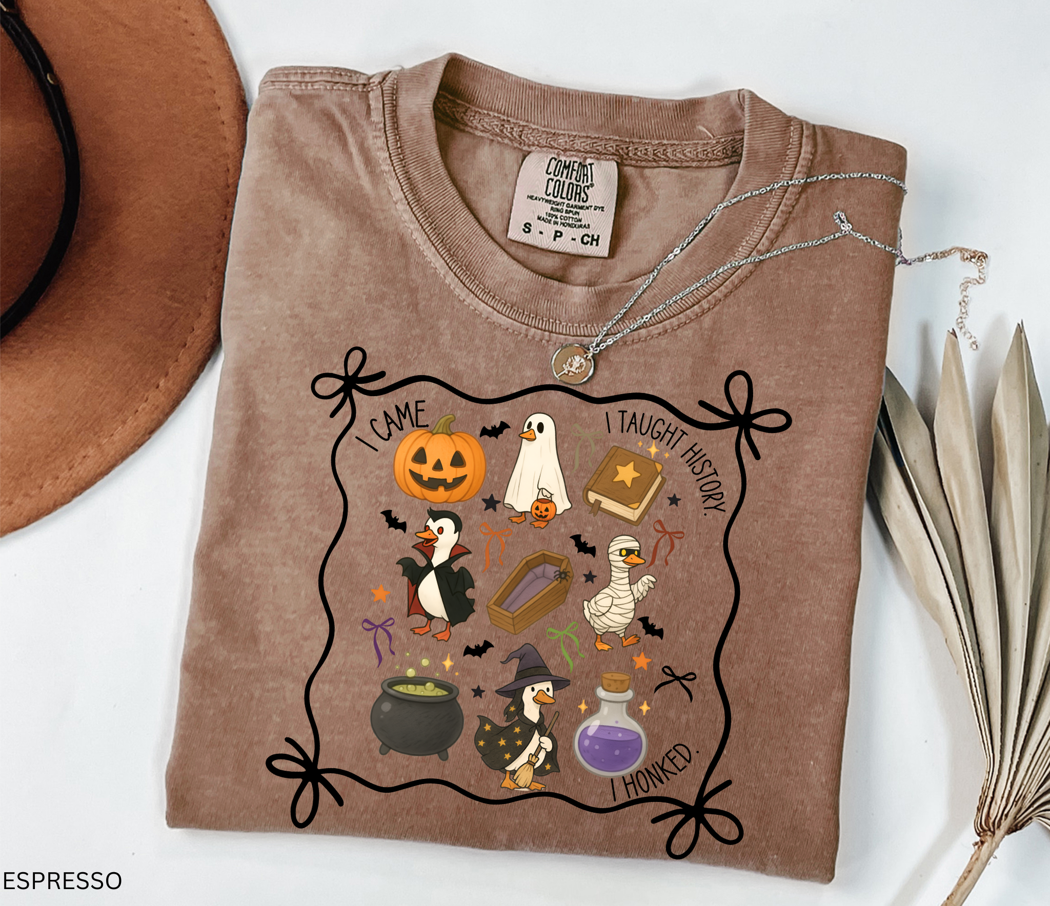 Halloween teacher shirt design featuring geese dressed as a witch, mummy, vampire, and ghost, surrounded by pumpkins, cauldron, coffin, and potion bottle. Perfect for history and social studies teachers.