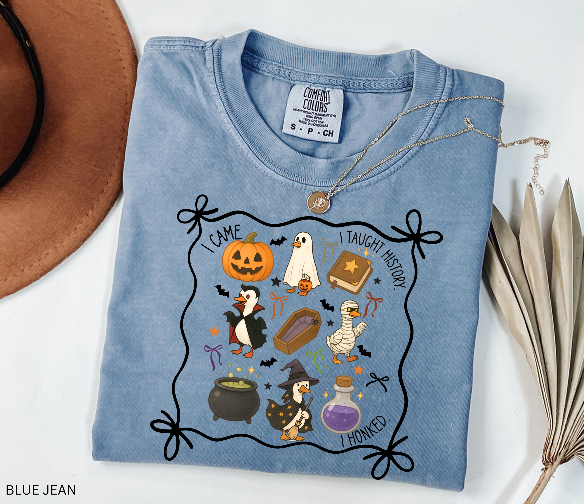 Halloween teacher shirt design featuring geese dressed as a witch, mummy, vampire, and ghost, surrounded by pumpkins, cauldron, coffin, and potion bottle. Perfect for history and social studies teachers.