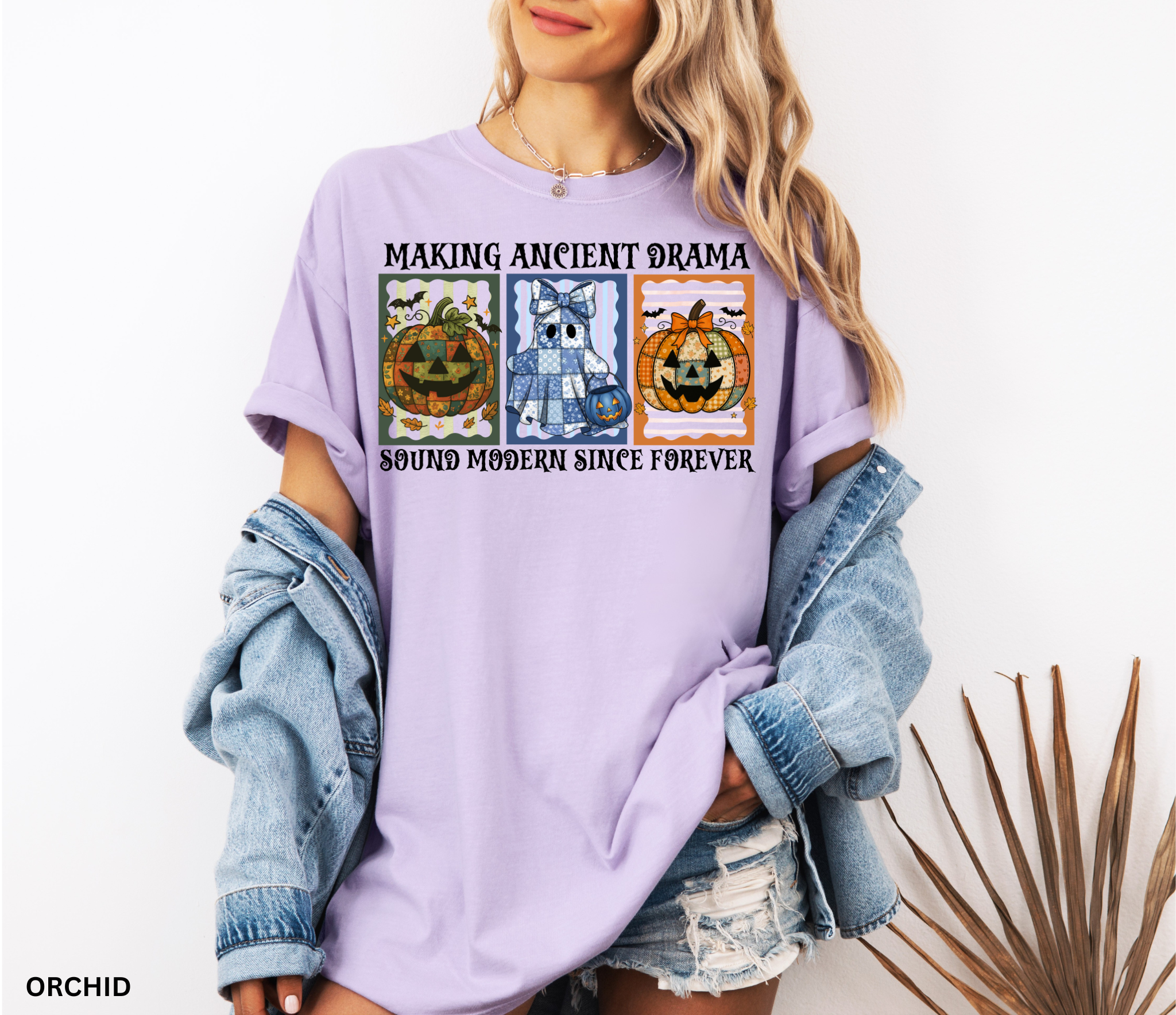 Halloween shirt for history teachers, social studies teachers, and professors with vintage patchwork pumpkins and ghost design, striped backgrounds, and the phrase “Making Ancient Drama Sound Modern Since Forever.”
