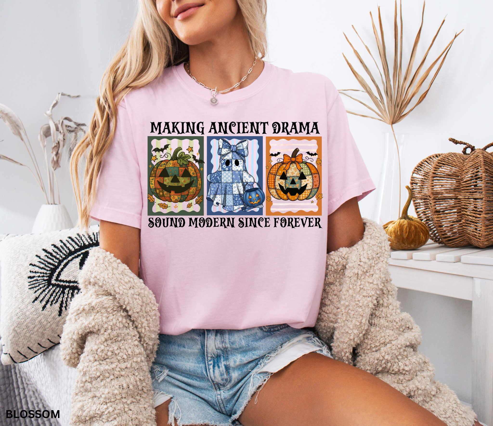 Halloween shirt for history teachers, social studies teachers, and professors with vintage patchwork pumpkins and ghost design, striped backgrounds, and the phrase “Making Ancient Drama Sound Modern Since Forever.”