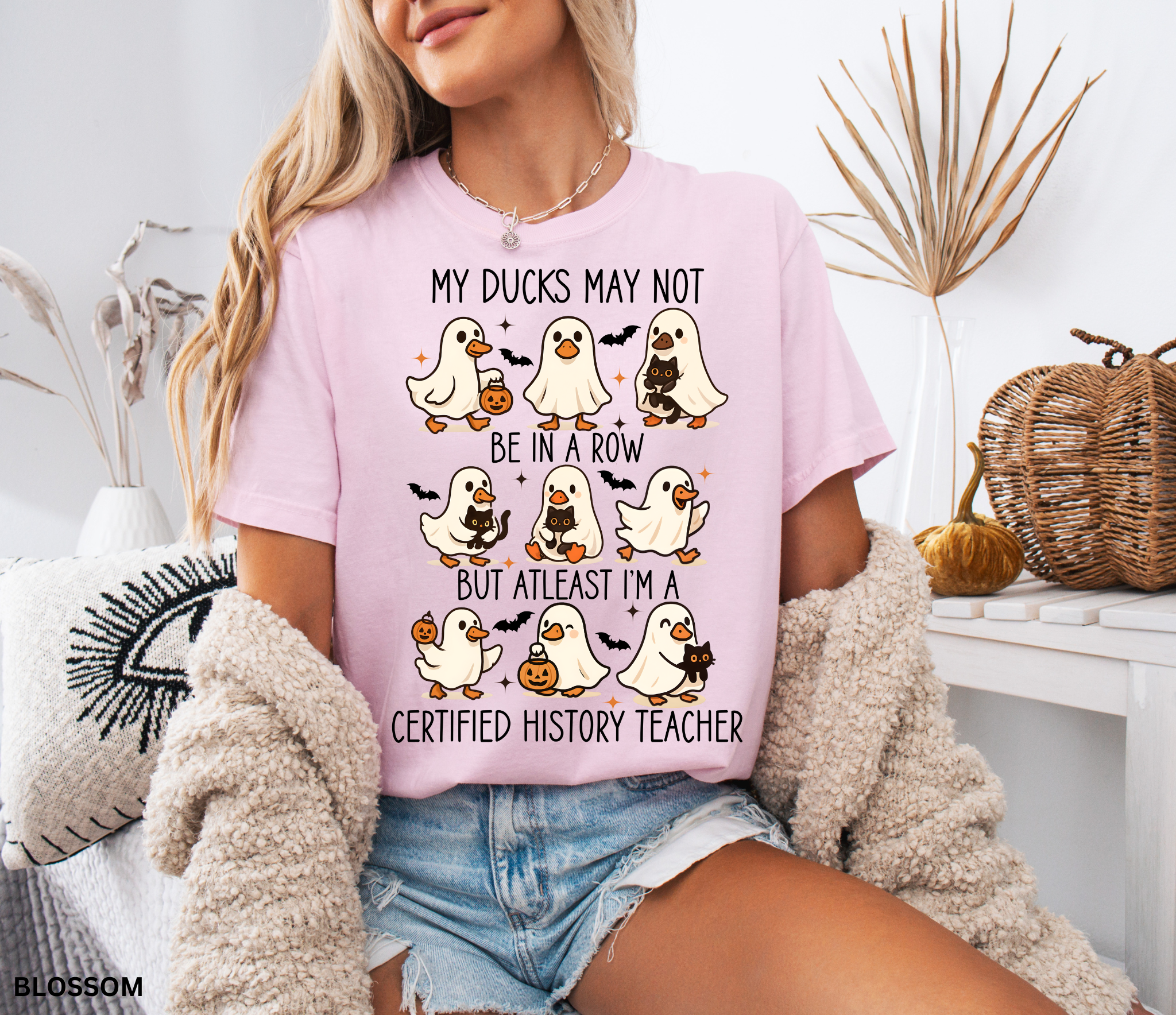 Halloween shirt design with ghost ducks carrying pumpkins and black cats, paired with the phrase “certified history teacher.”
