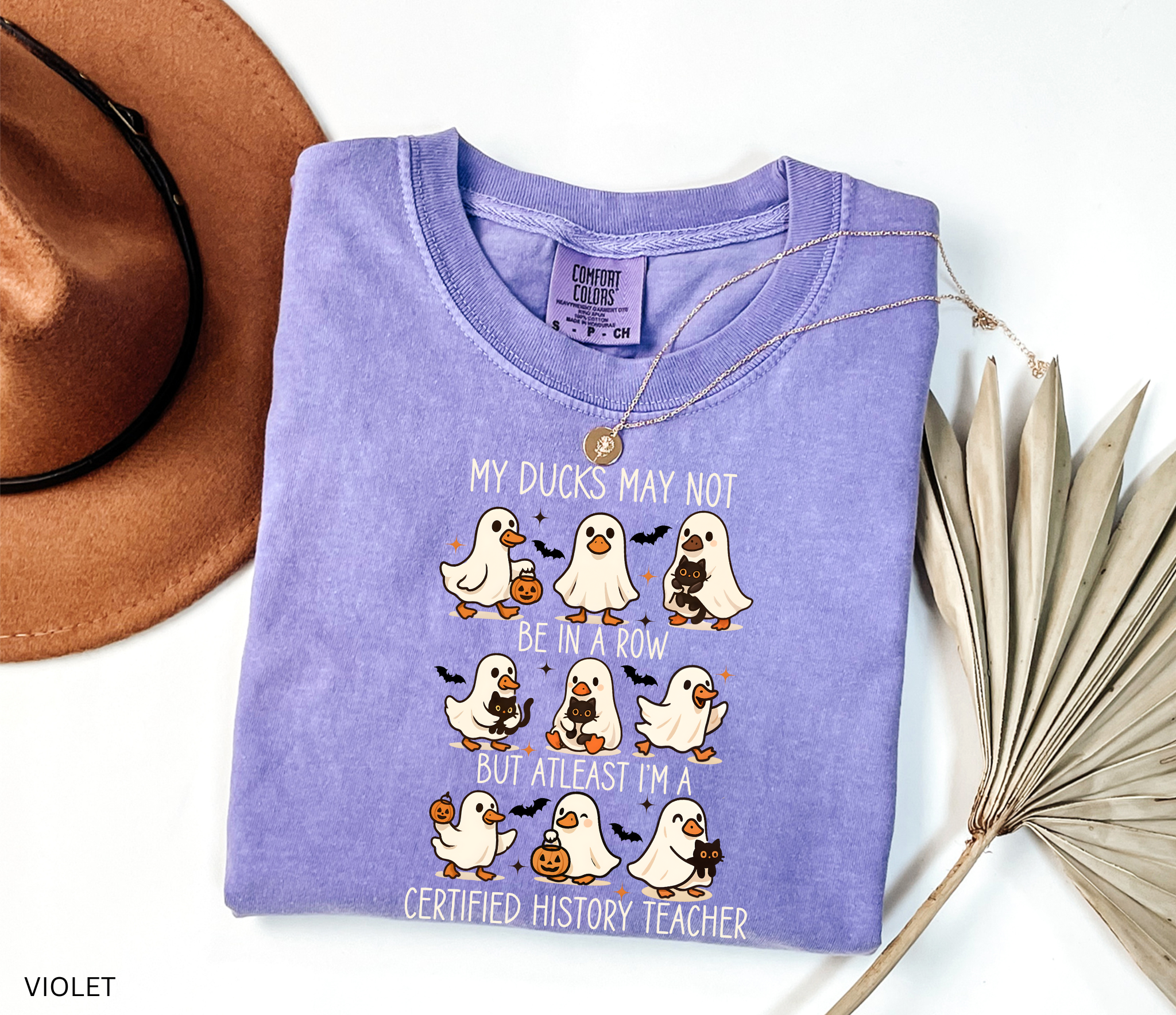 Halloween shirt design with ghost ducks carrying pumpkins and black cats, paired with the phrase “certified history teacher.”