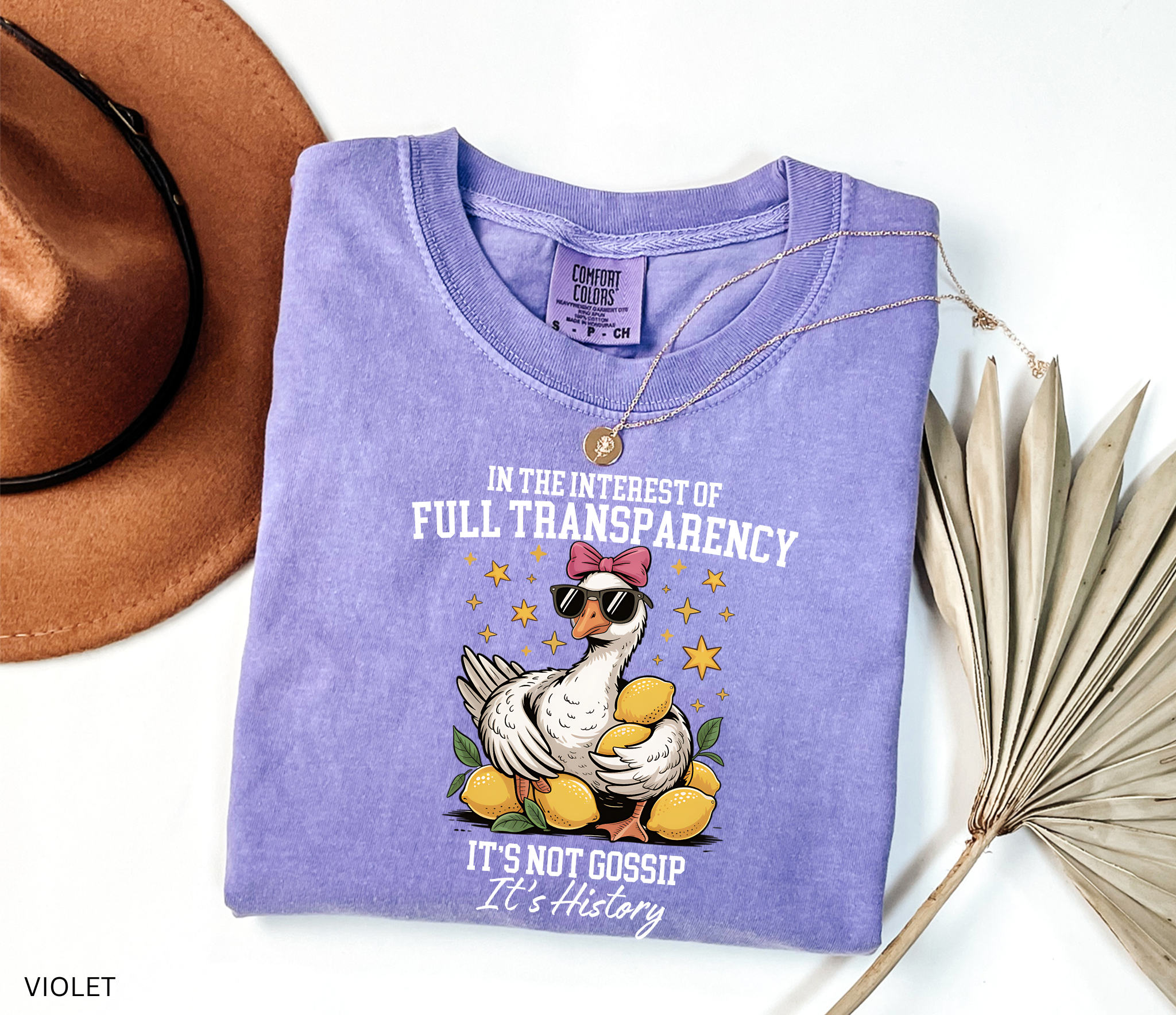 Cartoon goose wearing sunglasses and a pink bow, surrounded by lemons and yellow stars, printed on a history teacher shirt.