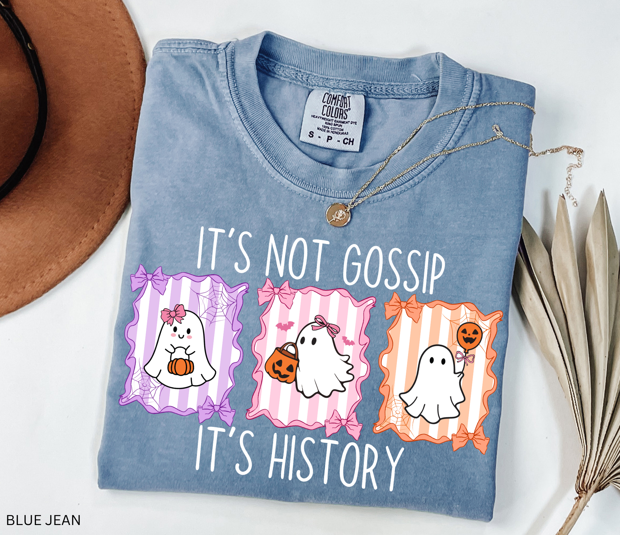 Halloween ghost shirt with three pastel ghosts in bows, pumpkins, spiderweb frames, and the phrase “It’s Not Gossip, It’s History” for history teachers/professors.