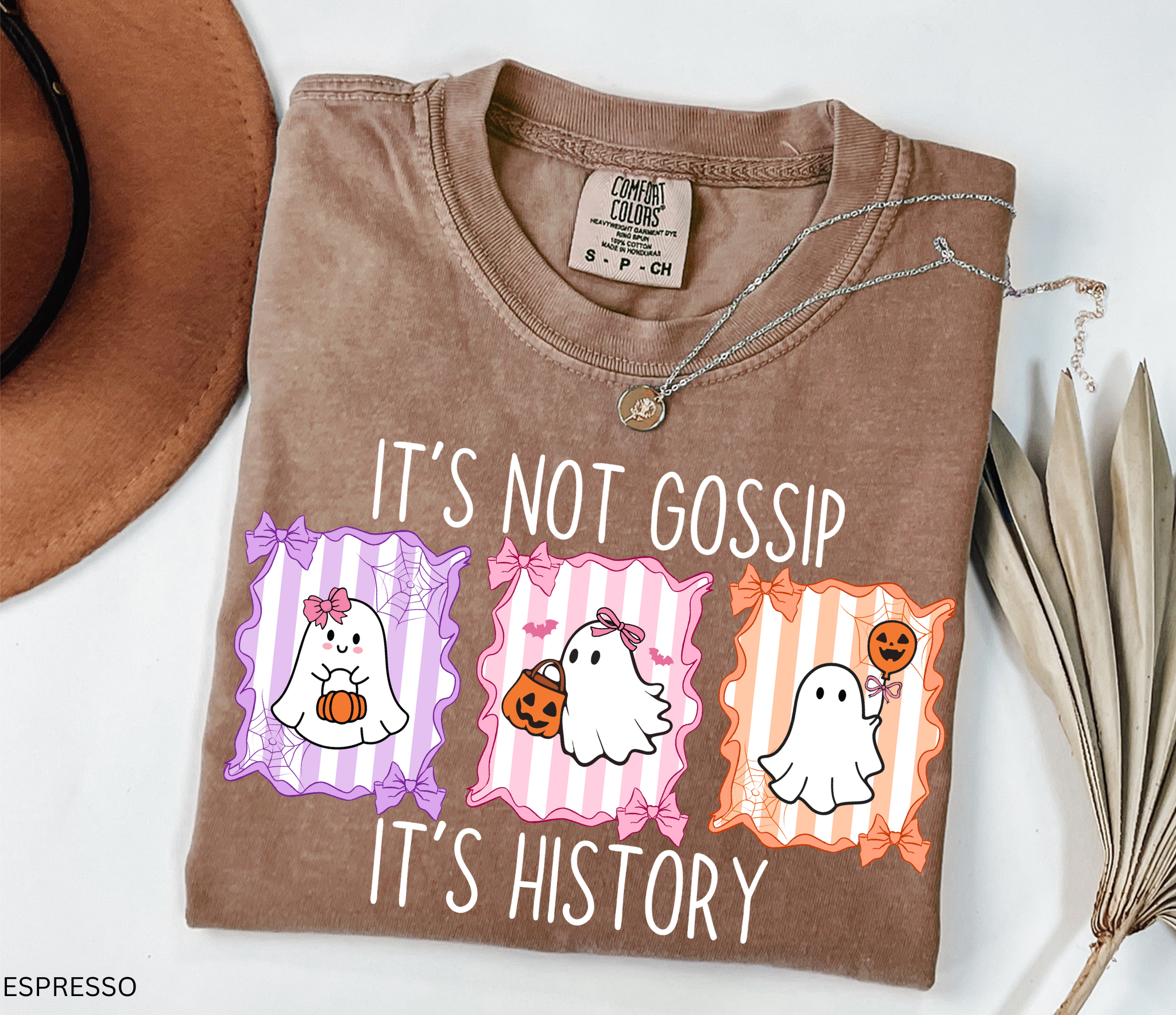 Halloween ghost shirt with three pastel ghosts in bows, pumpkins, spiderweb frames, and the phrase “It’s Not Gossip, It’s History” for history teachers/professors.