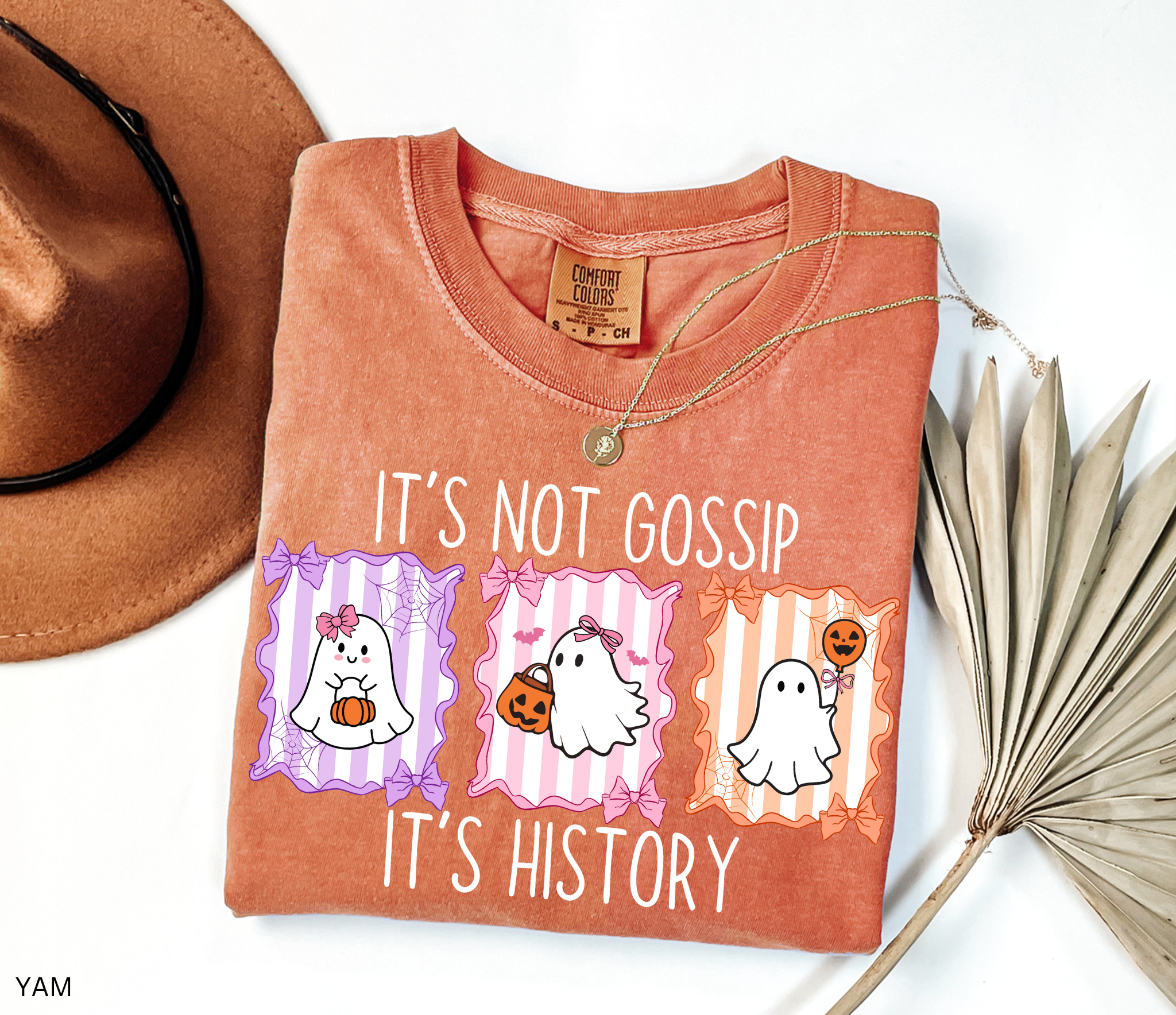 Halloween ghost shirt with three pastel ghosts in bows, pumpkins, spiderweb frames, and the phrase “It’s Not Gossip, It’s History” for history teachers/professors.