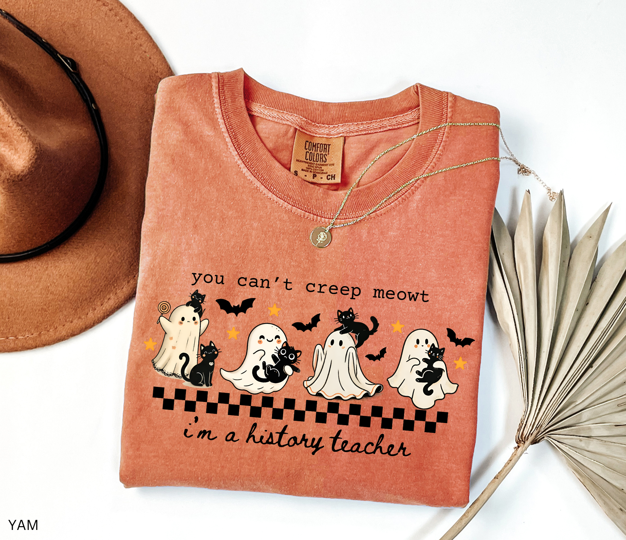 Cute Halloween shirt featuring ghosts with black cats and stars, designed for history teachers and professors.