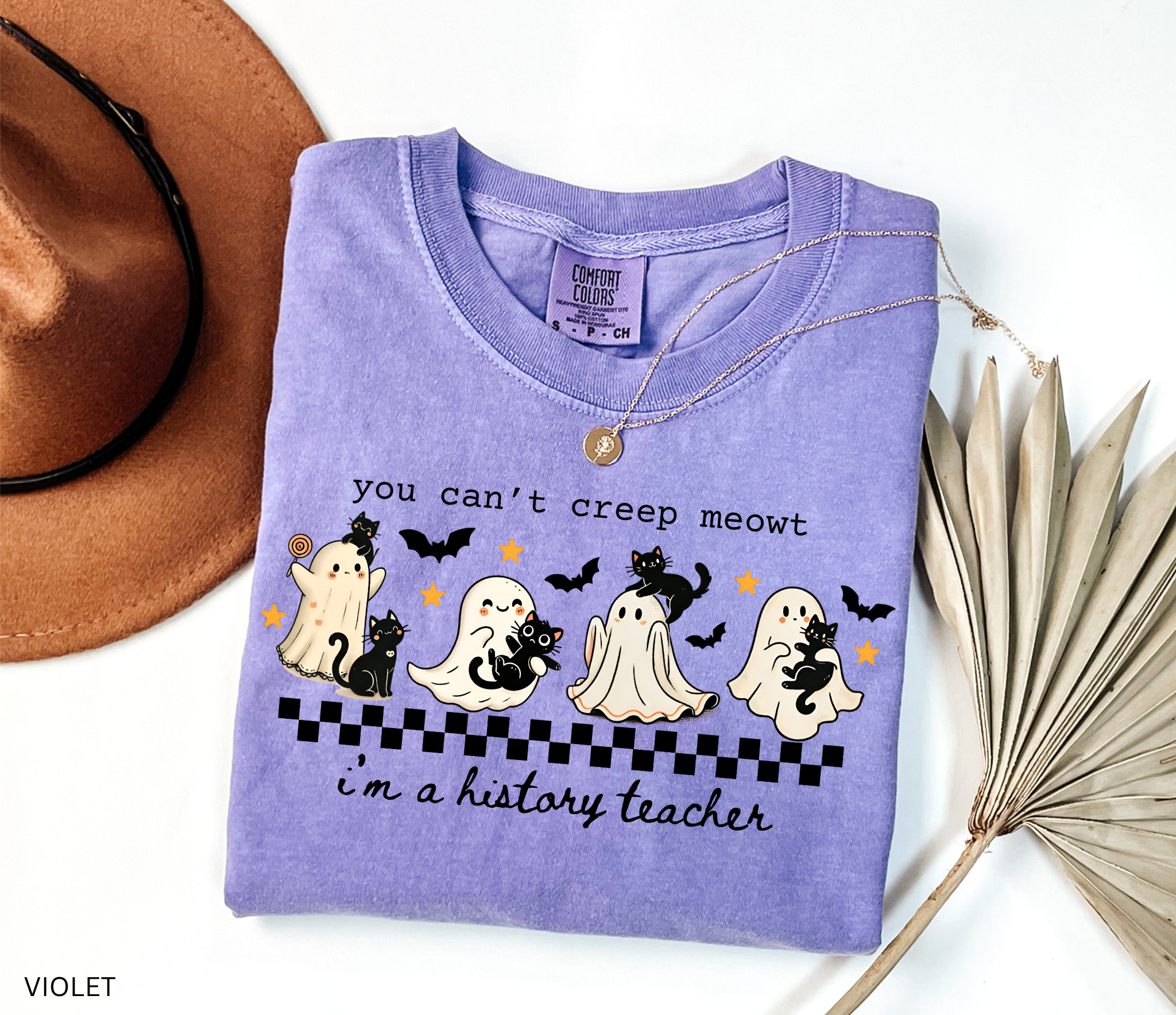 Cute Halloween shirt featuring ghosts with black cats and stars, designed for history teachers and professors.