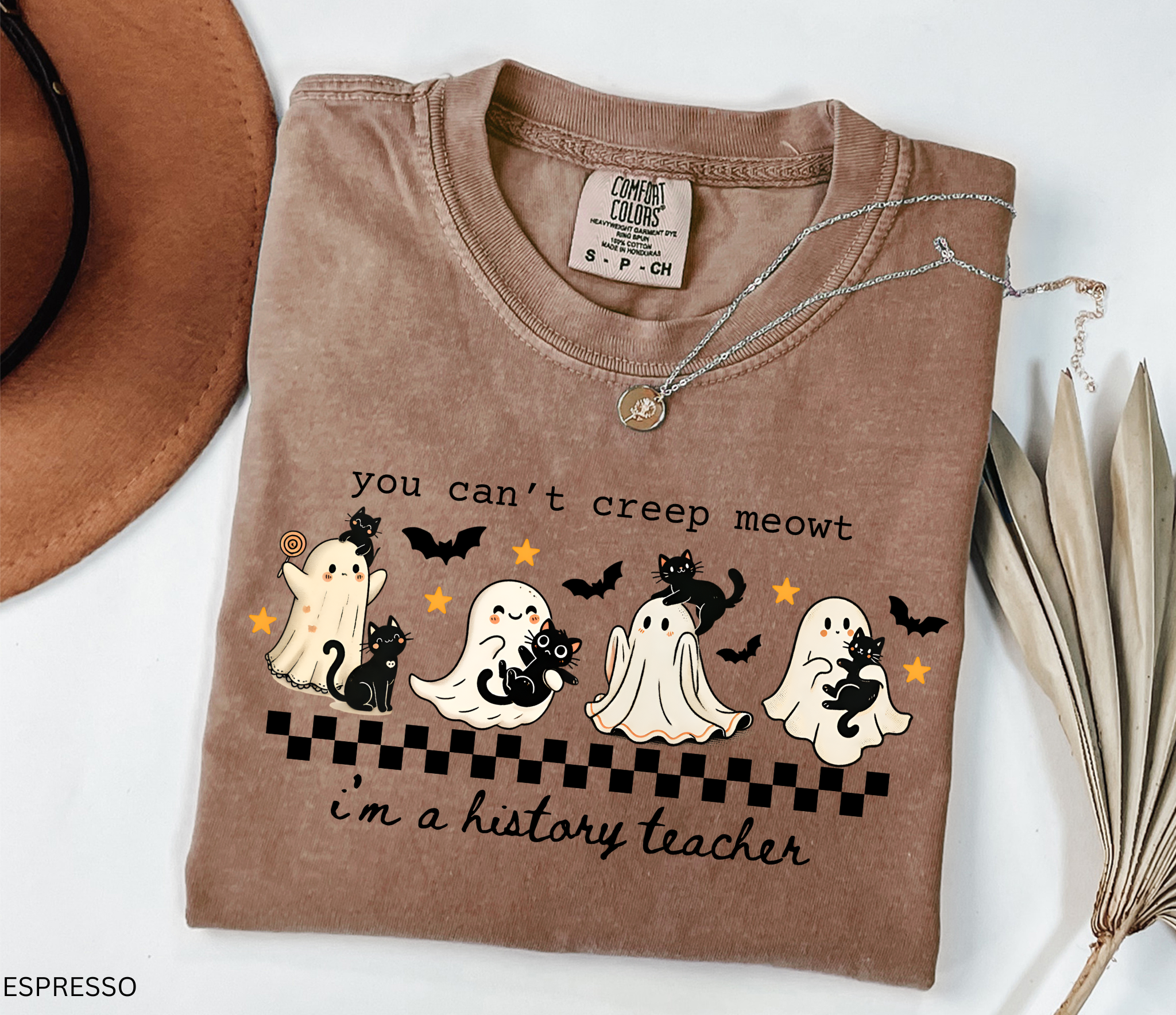 Cute Halloween shirt featuring ghosts with black cats and stars, designed for history teachers and professors.