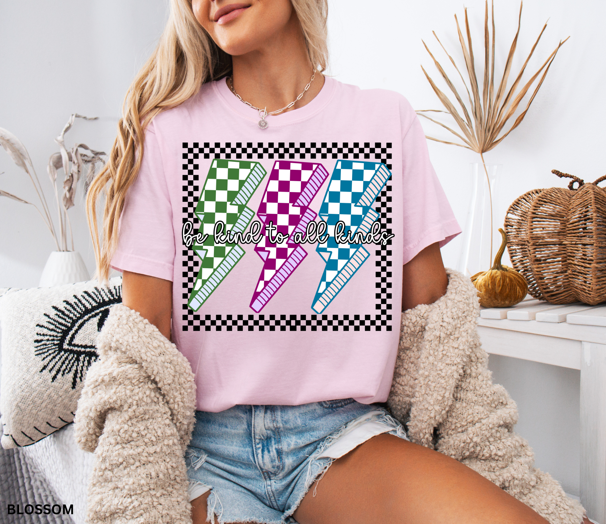 Checkerboard lightning bolt “Be Kind to All Kinds” shirt in retro green, pink, and blue design – inclusive teacher graphic tee.
