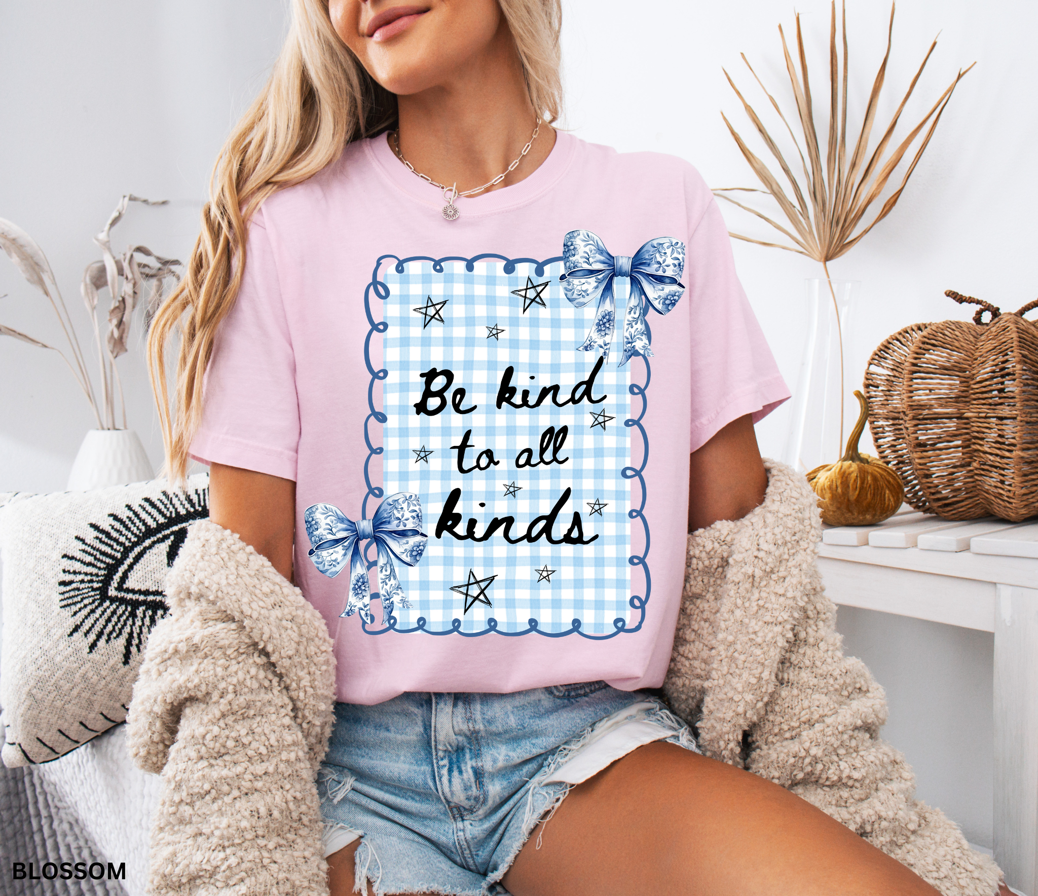 Blue gingham “Be Kind to All Kinds” shirt with bows and stars – kindness graphic tee for teachers and educators.