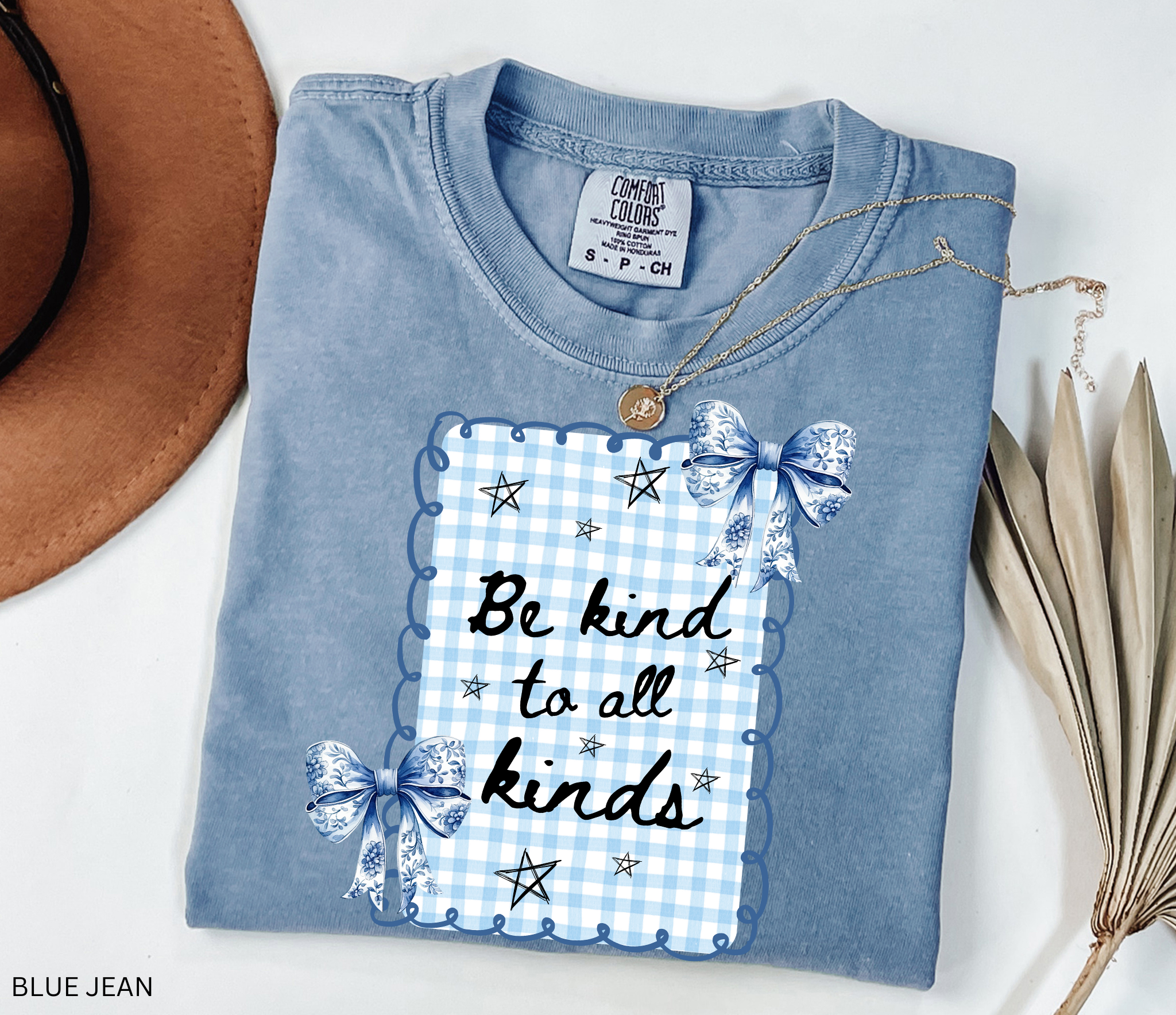 Blue gingham “Be Kind to All Kinds” shirt with bows and stars – kindness graphic tee for teachers and educators.

