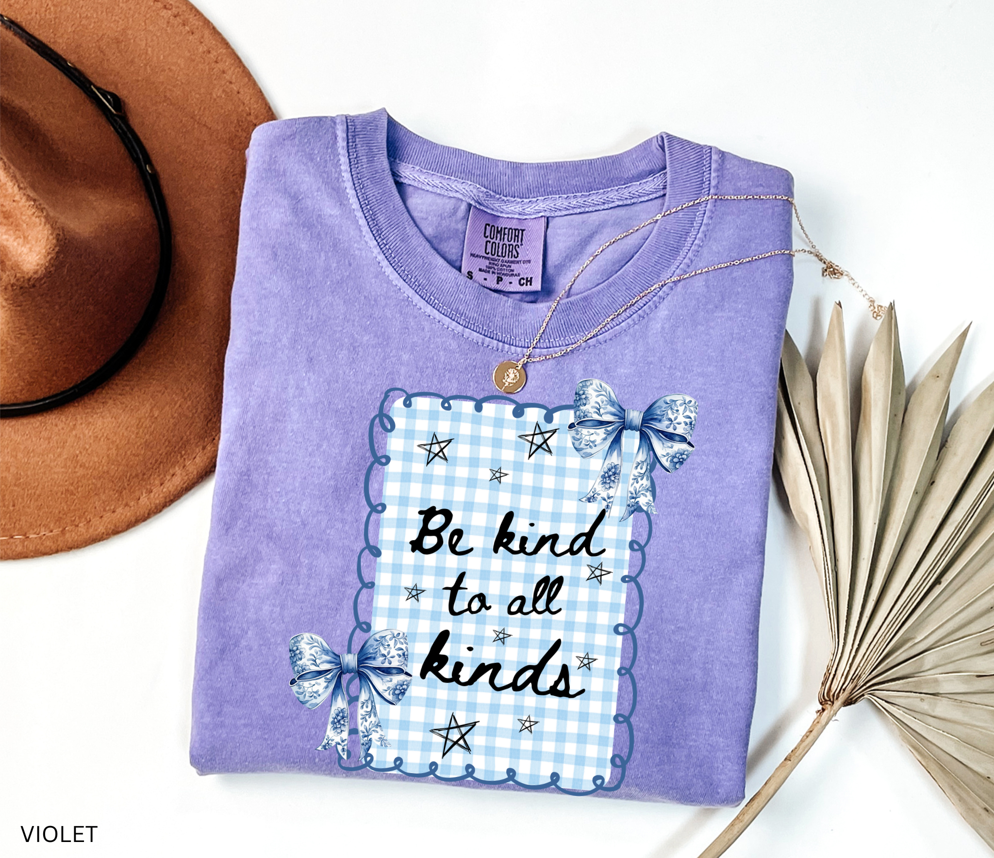 Blue gingham “Be Kind to All Kinds” shirt with bows and stars – kindness graphic tee for teachers and educators.