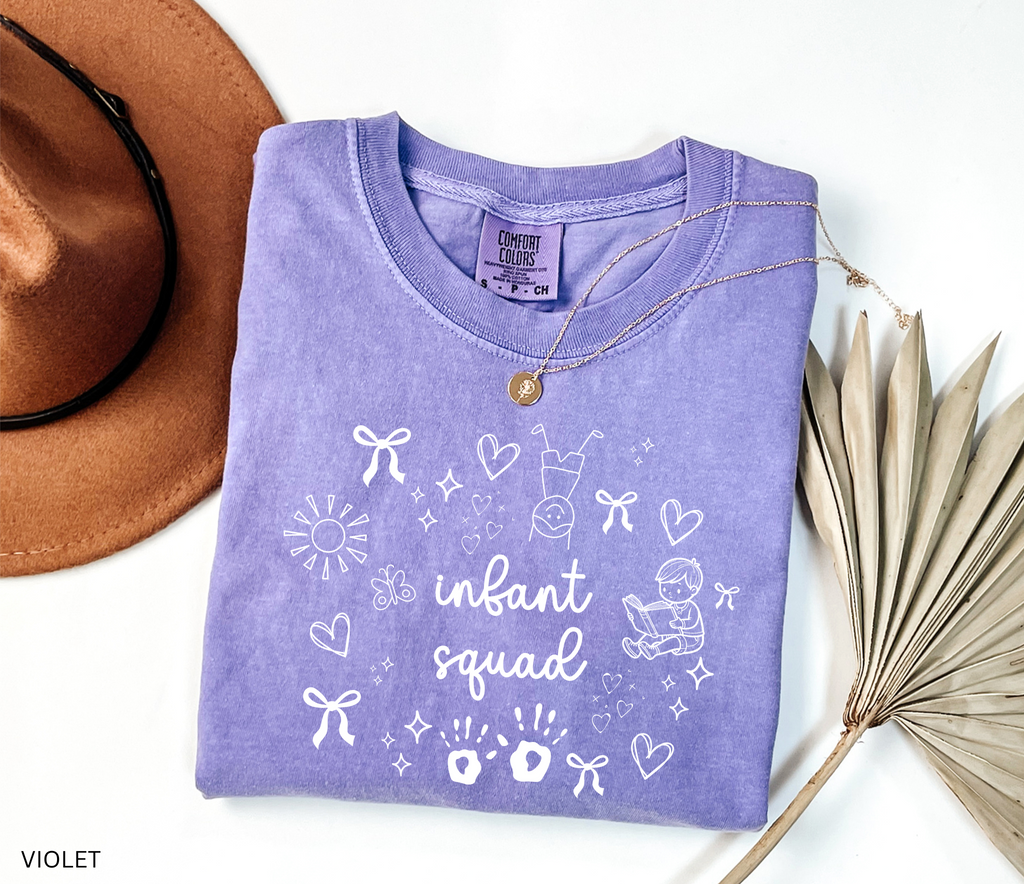 White doodle-style design with bows, hearts, stars, sunshine, baby handprints, a reading child, and the words “Infant Squad.”