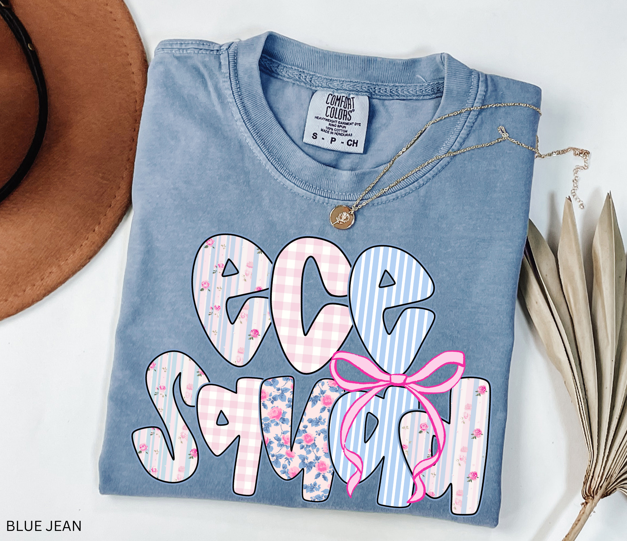 Bold “ECE Squad” text with floral, gingham, and striped patterns, decorated with a pink bow.