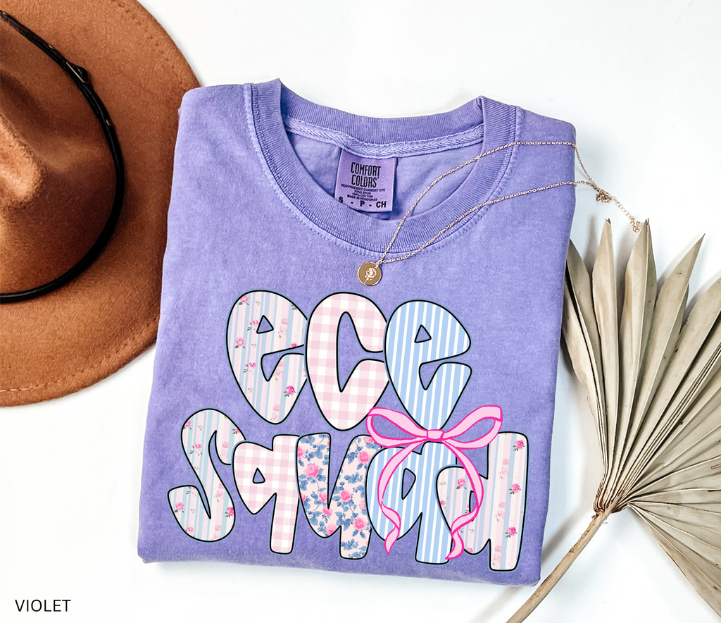 Bold “ECE Squad” text with floral, gingham, and striped patterns, decorated with a pink bow.