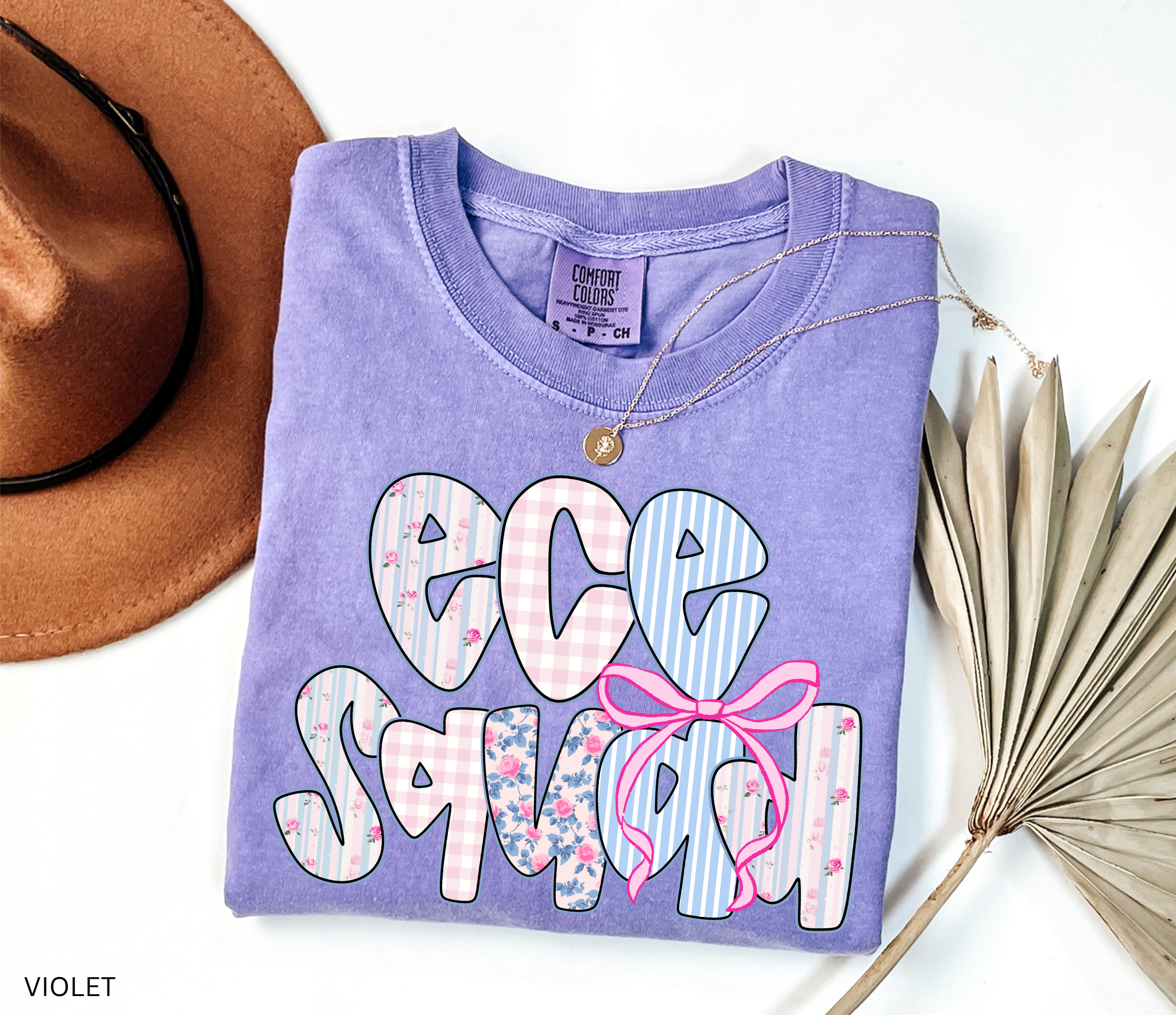 Bold “ECE Squad” text with floral, gingham, and striped patterns, decorated with a pink bow.