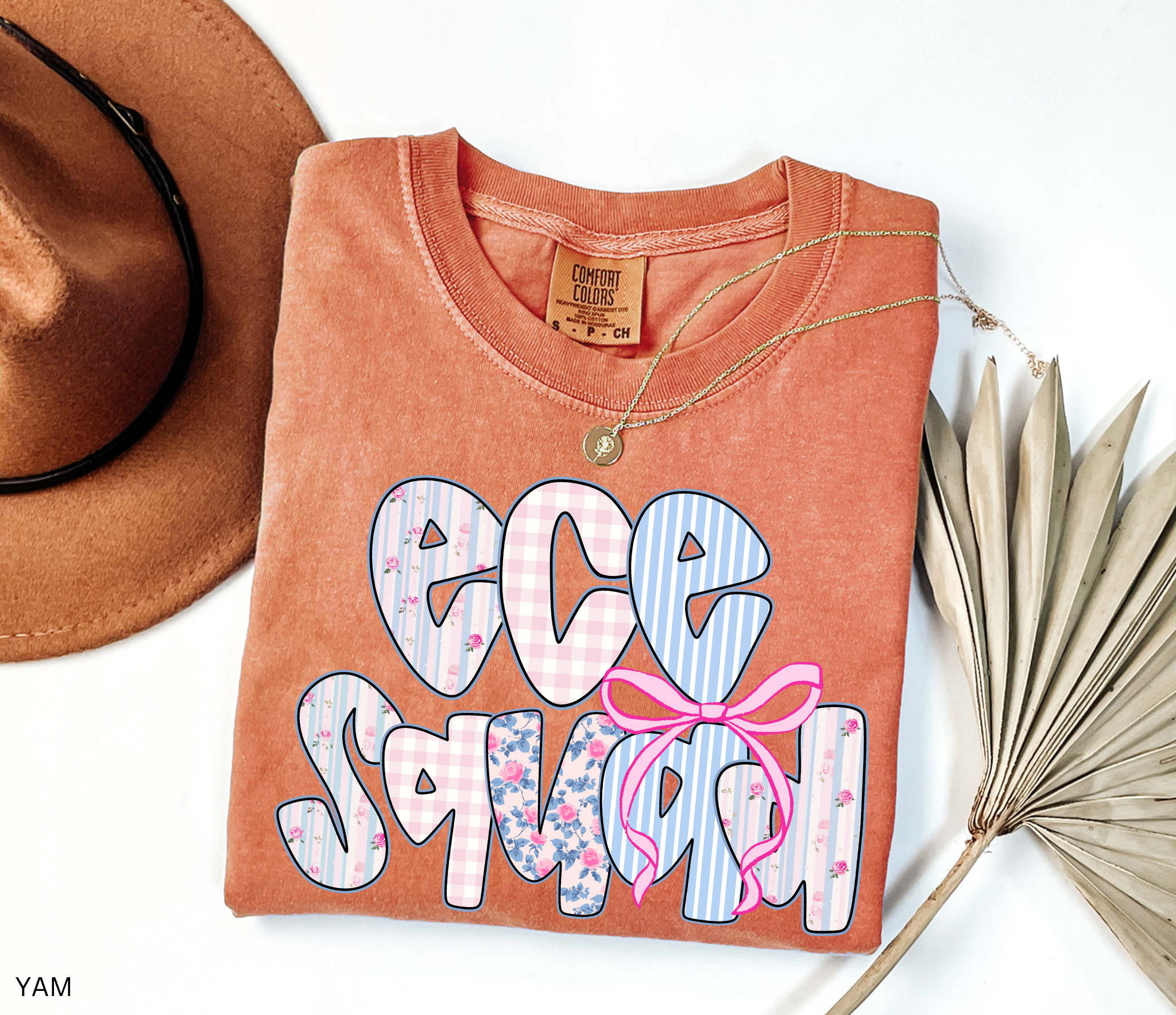Bold “ECE Squad” text with floral, gingham, and striped patterns, decorated with a pink bow.