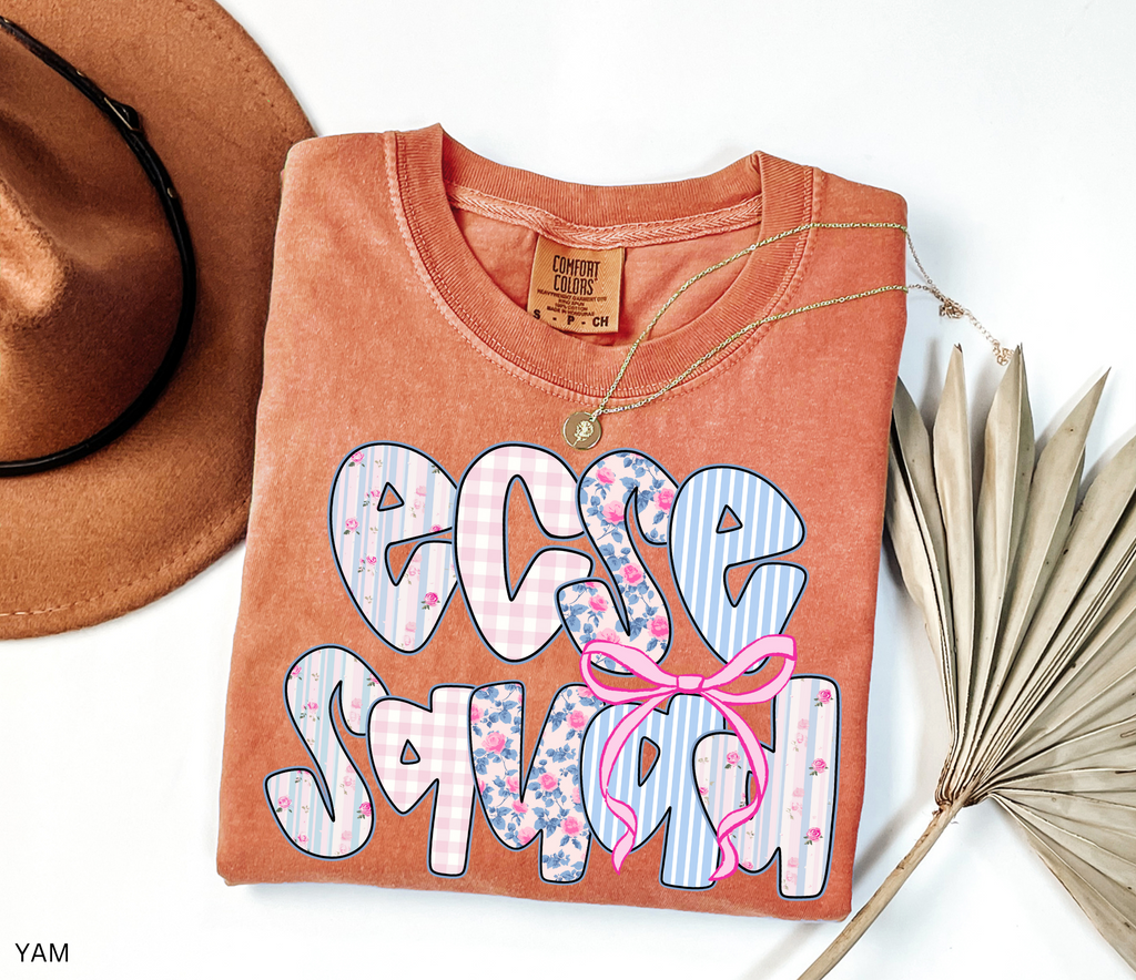 “ECSE Squad” text in floral, gingham, and striped patchwork patterns with a pink bow accent.