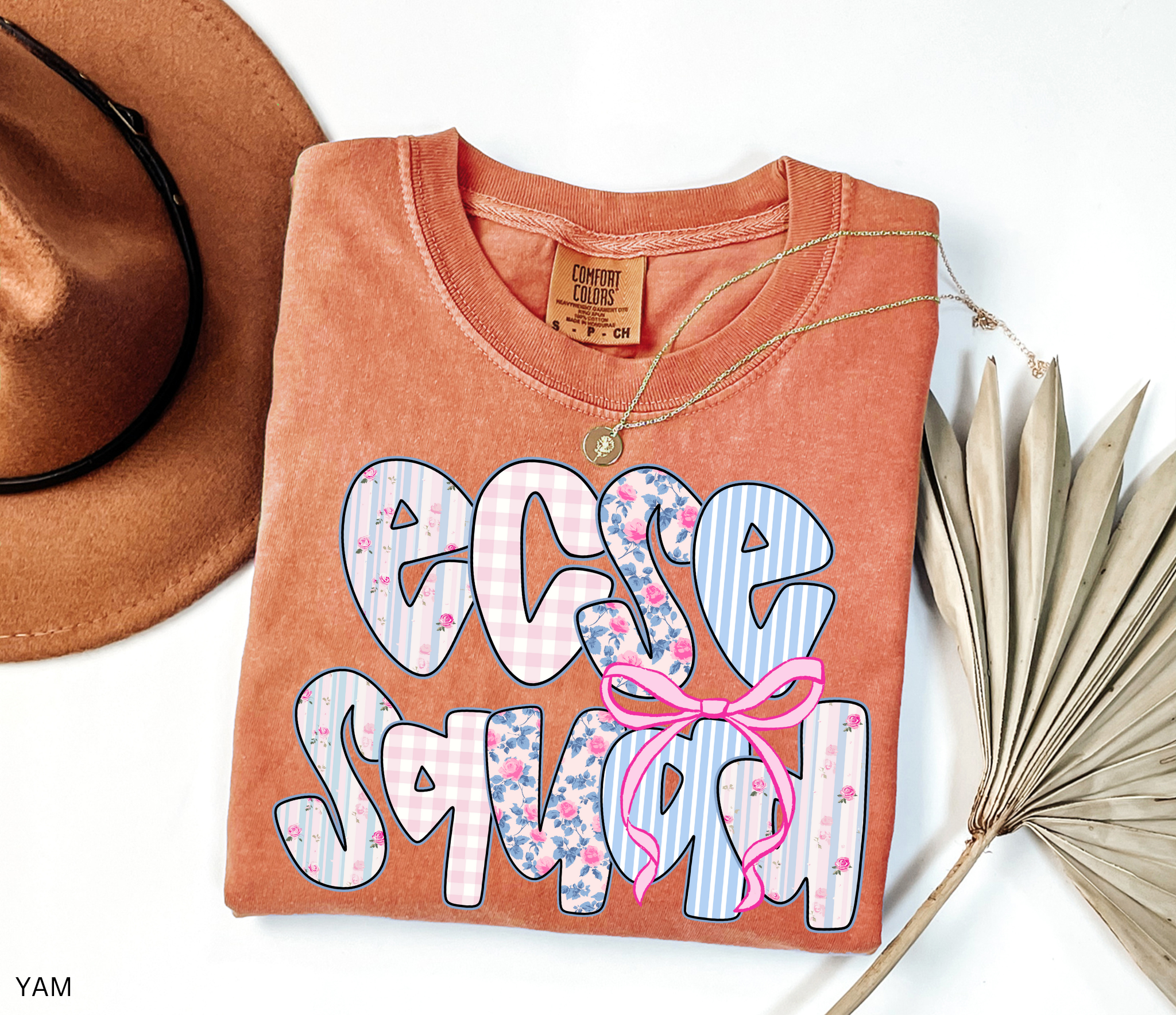 “ECSE Squad” text in floral, gingham, and striped patchwork patterns with a pink bow accent.