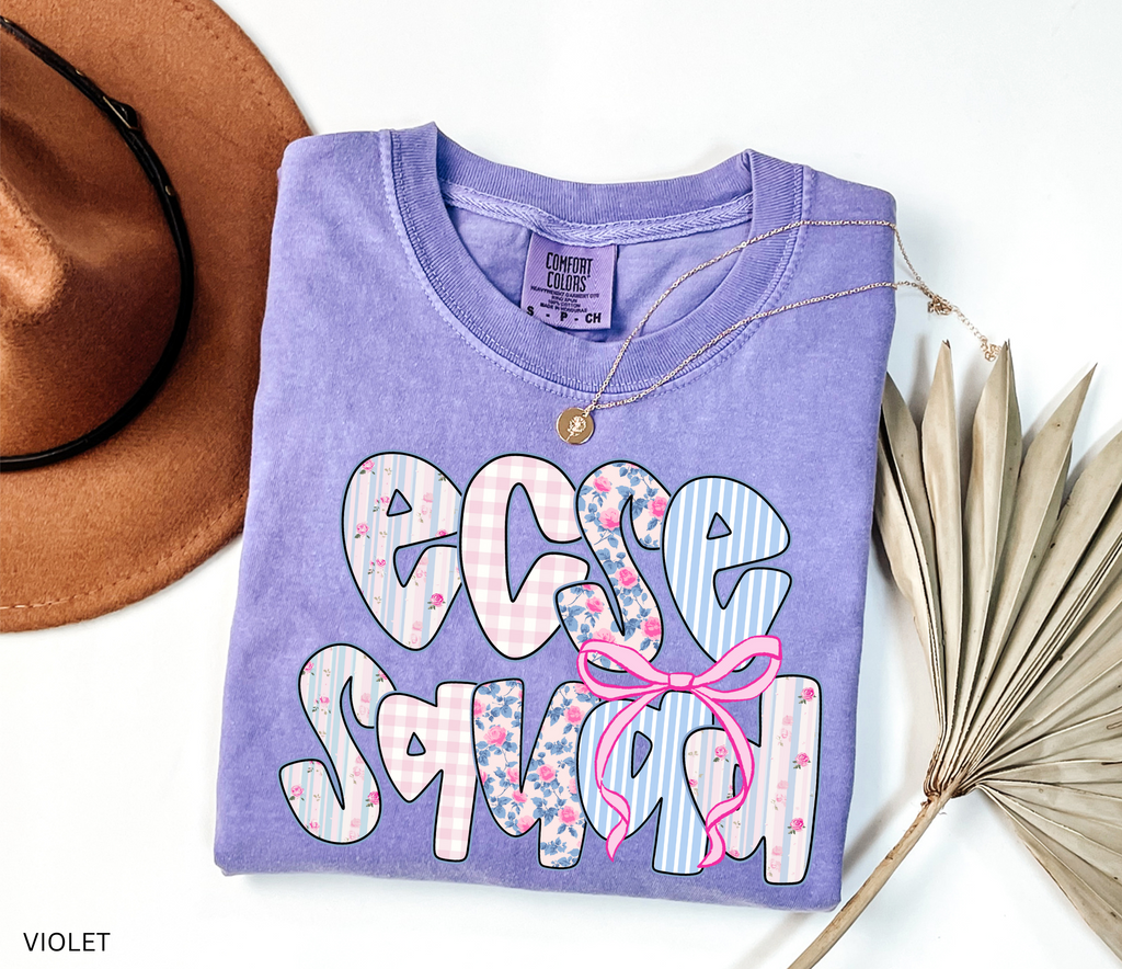 “ECSE Squad” text in floral, gingham, and striped patchwork patterns with a pink bow accent.