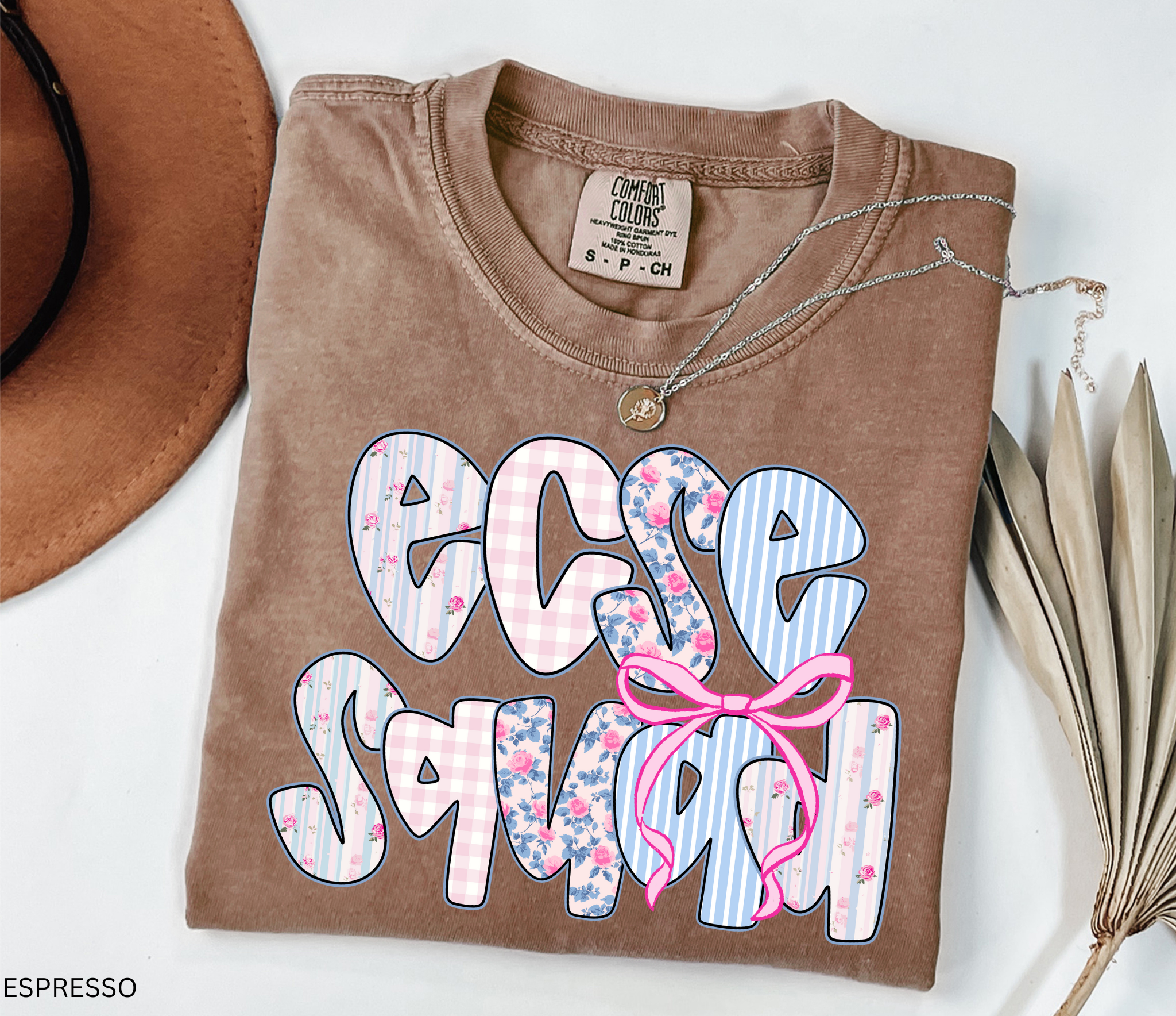 “ECSE Squad” text in floral, gingham, and striped patchwork patterns with a pink bow accent.