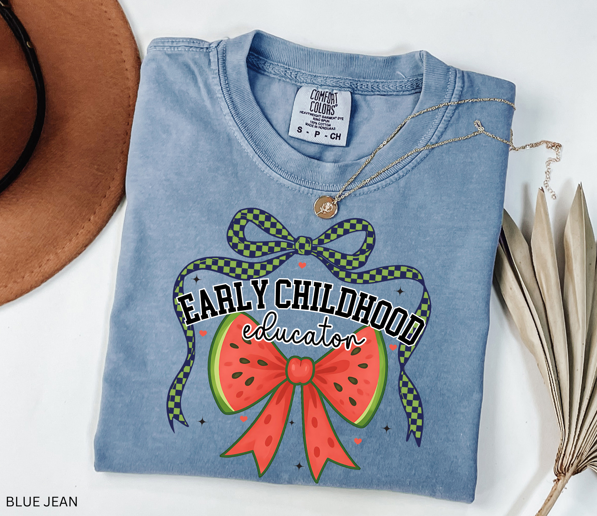 Graphic design with the words “Early Childhood Educator” above a large watermelon bow and checkered green-and-navy ribbon.
