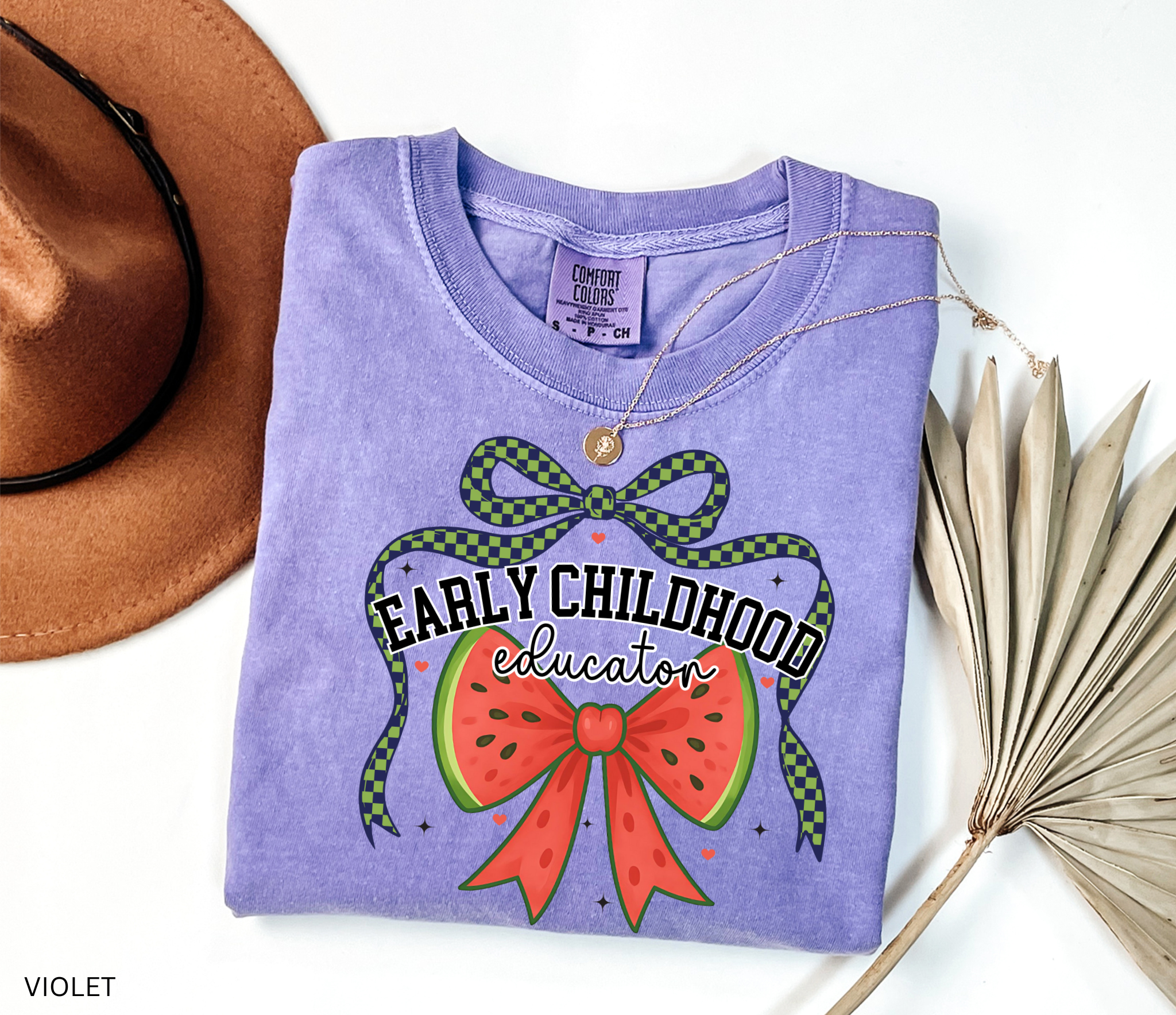 Graphic design with the words “Early Childhood Educator” above a large watermelon bow and checkered green-and-navy ribbon.