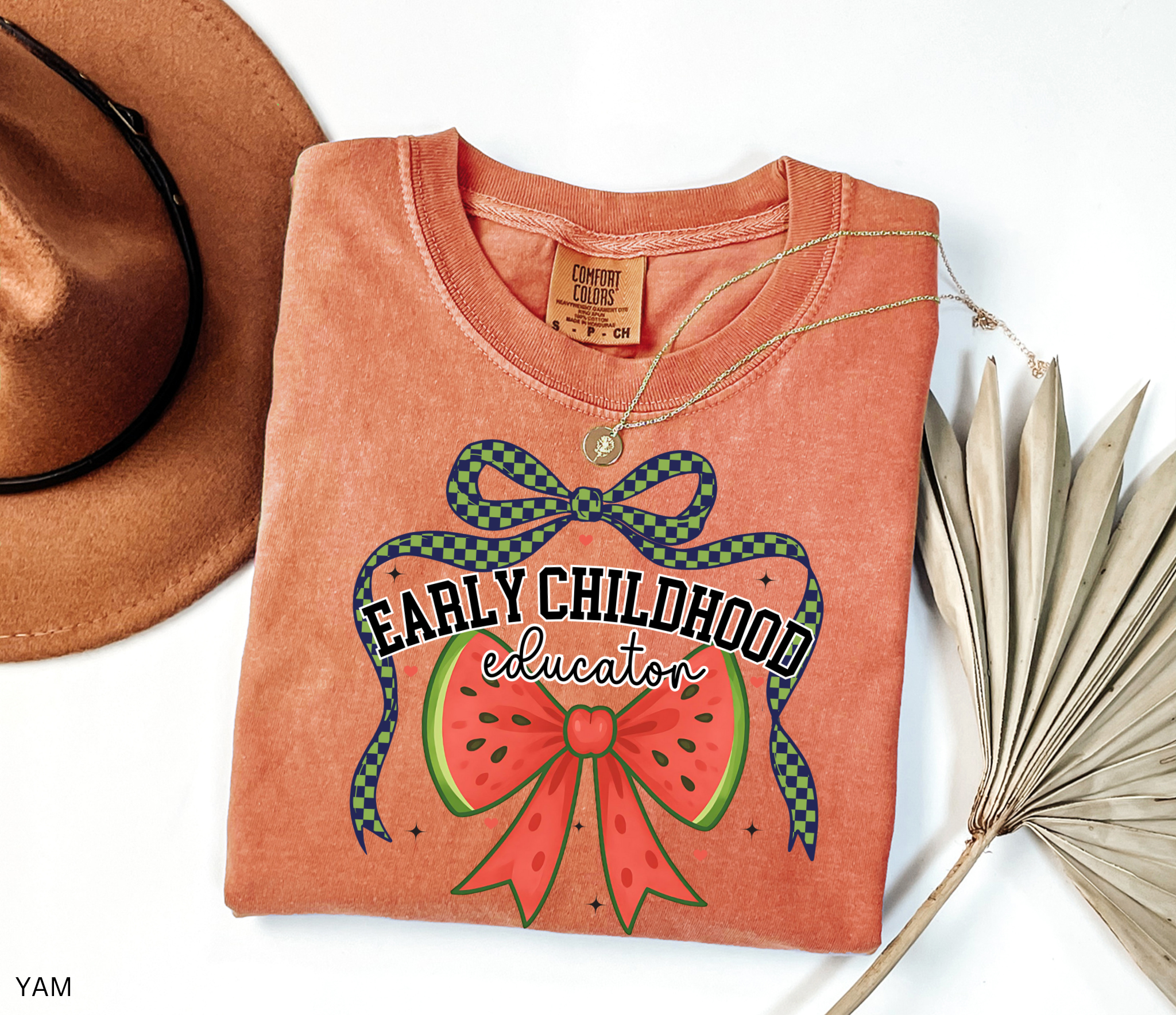 Graphic design with the words “Early Childhood Educator” above a large watermelon bow and checkered green-and-navy ribbon.