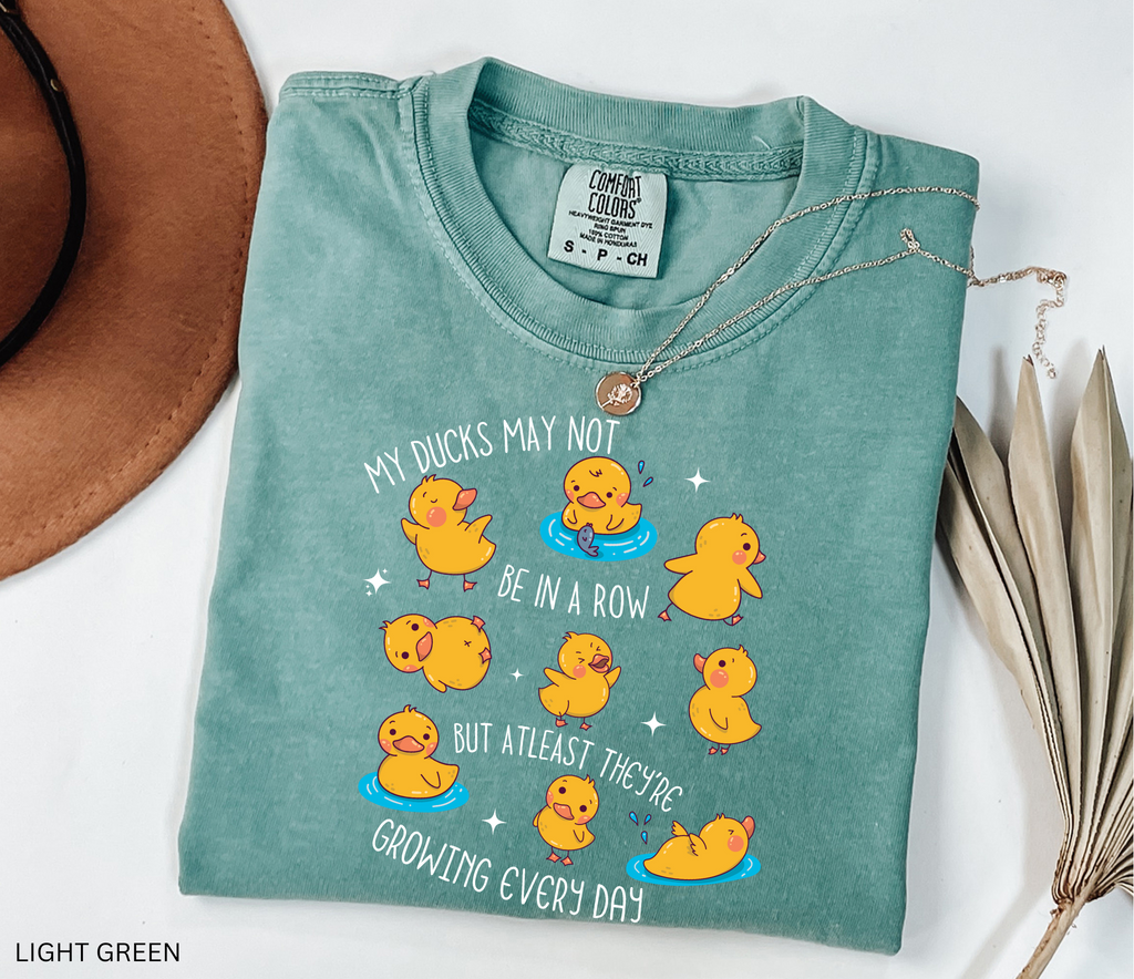 Daycare teacher shirt with cartoon ducklings and the phrase My ducks may not be in a row but at least they’re growing every day