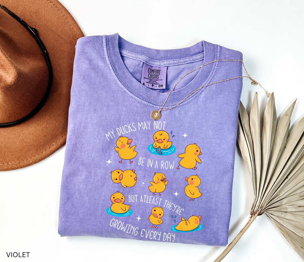 Daycare teacher shirt with cartoon ducklings and the phrase My ducks may not be in a row but at least they’re growing every day