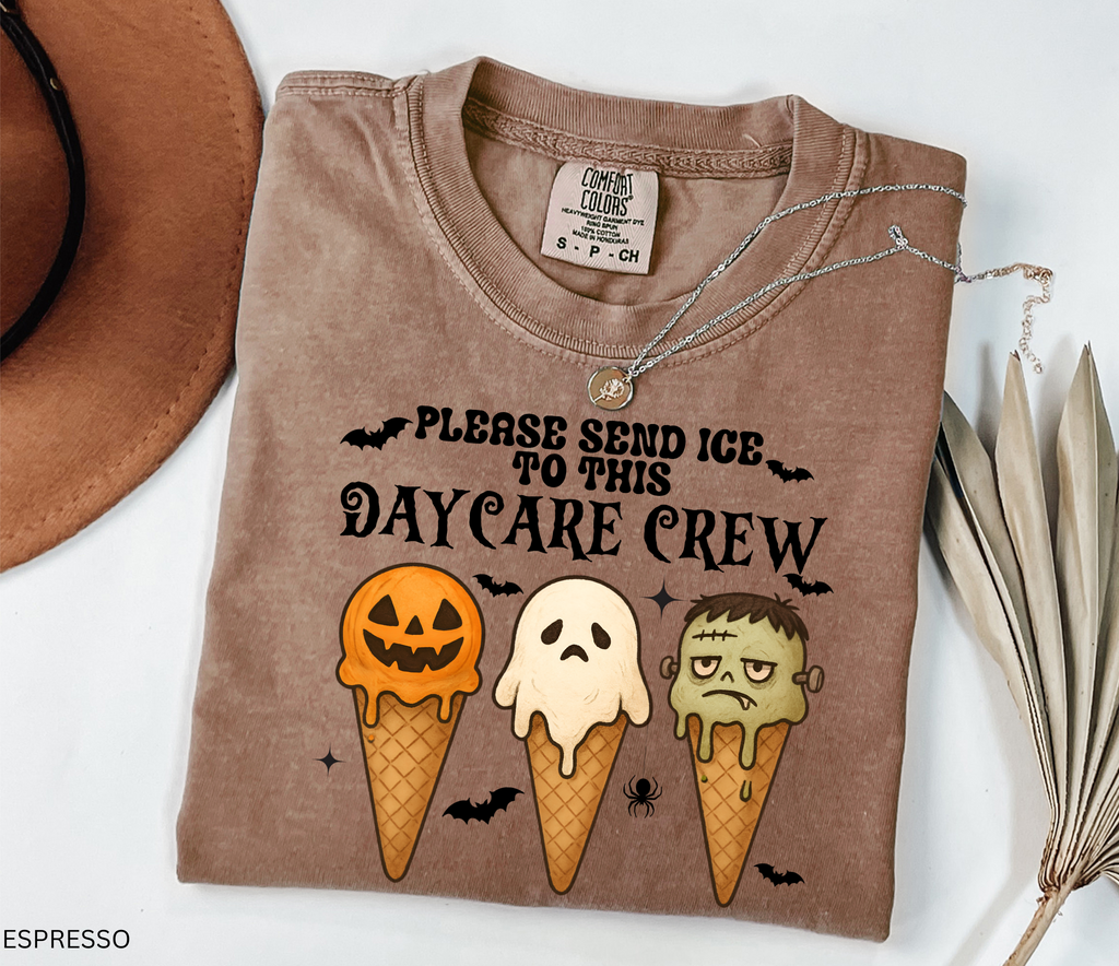 Halloween daycare teacher shirt with pumpkin, ghost, and Frankenstein ice cream cones and the phrase Please send ice to this daycare crew.