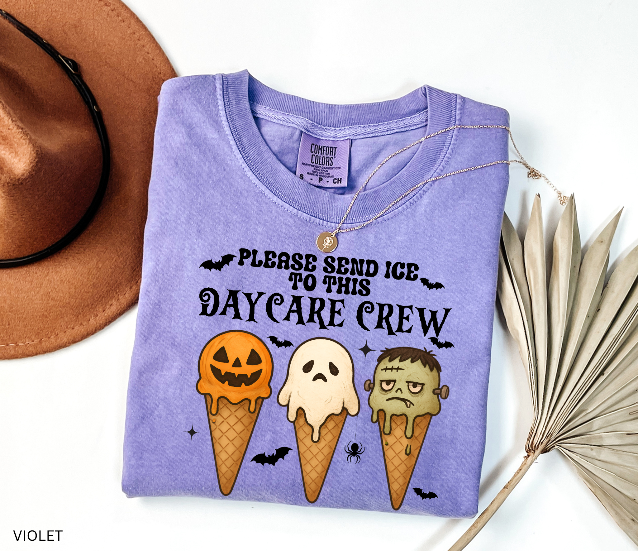 Halloween daycare teacher shirt with pumpkin, ghost, and Frankenstein ice cream cones and the phrase Please send ice to this daycare crew.