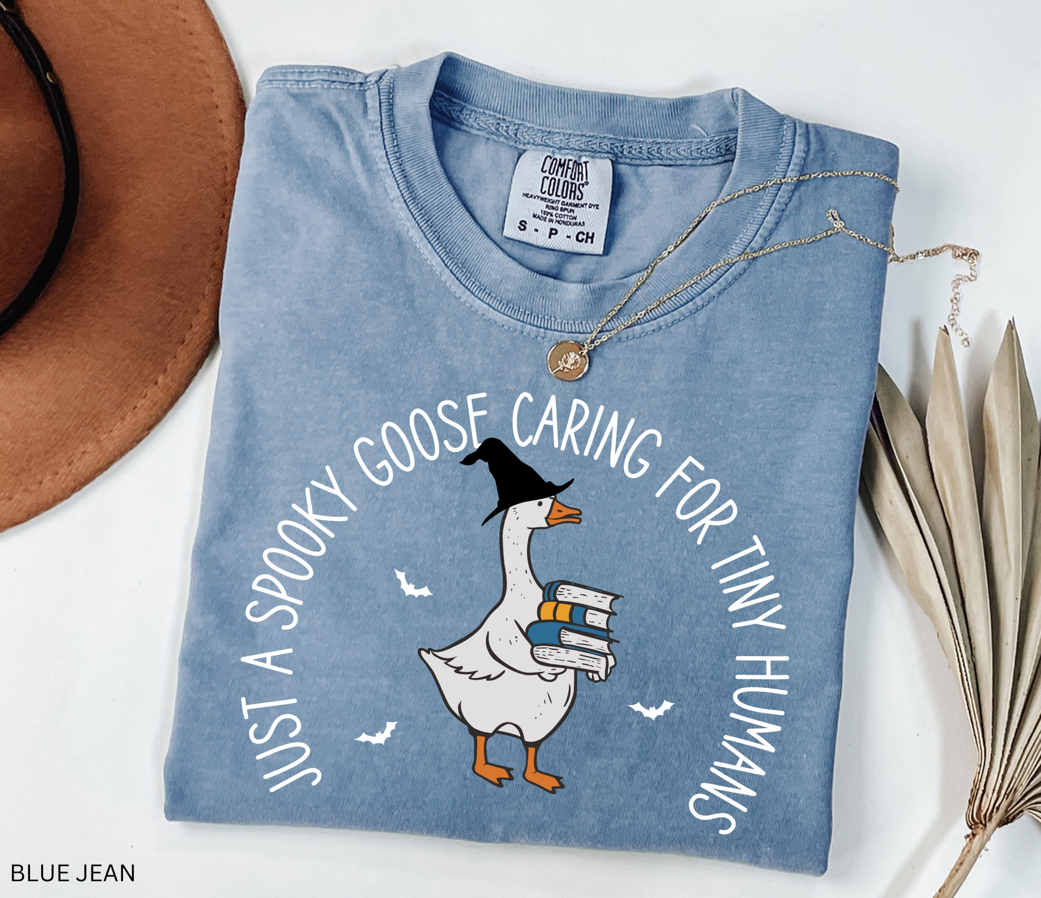 Halloween daycare teacher shirt with a spooky goose holding books and bats flying around, with the phrase Just a spooky goose caring for tiny humans.